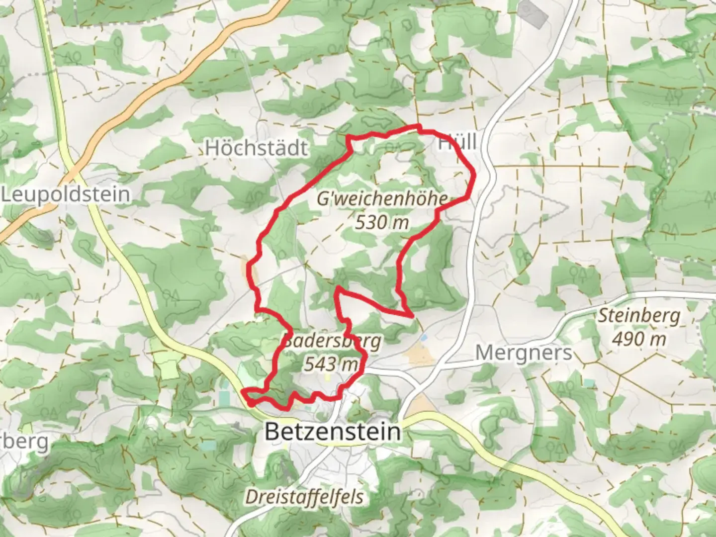 An image depicting the trail Klauskirche, Hexentor and Großer Wasserstein Loop and its surrounding area.