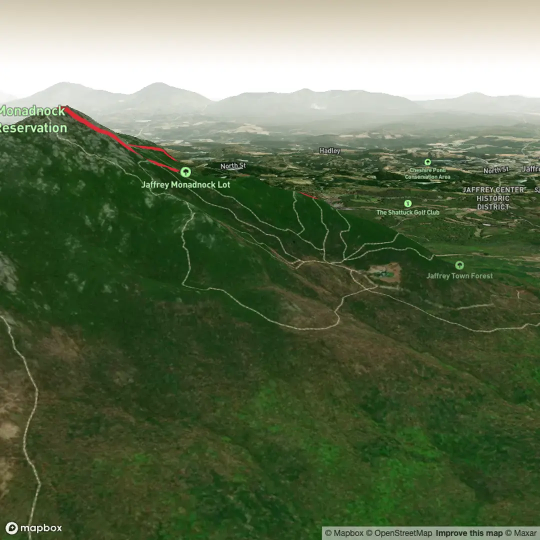 An image depicting the trail Mount Monadnock via White Cross Trail and Lost Farm Trail and its surrounding area.