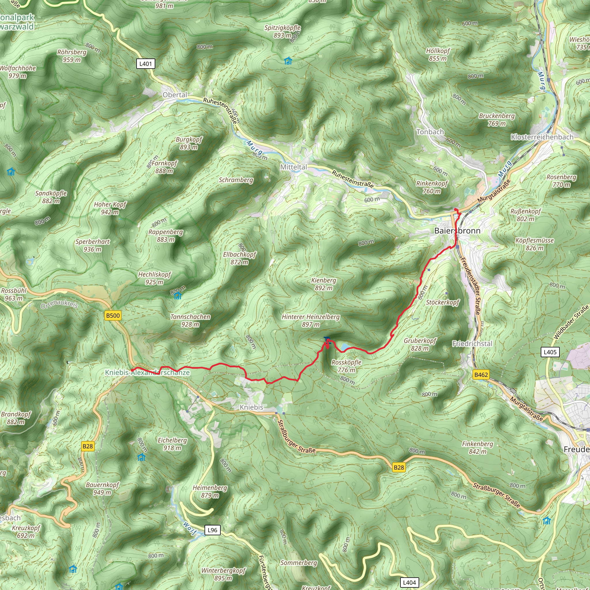 Baiersbronn to Kniebis Alexanderschanze via Sakenbach Furt mobile static map