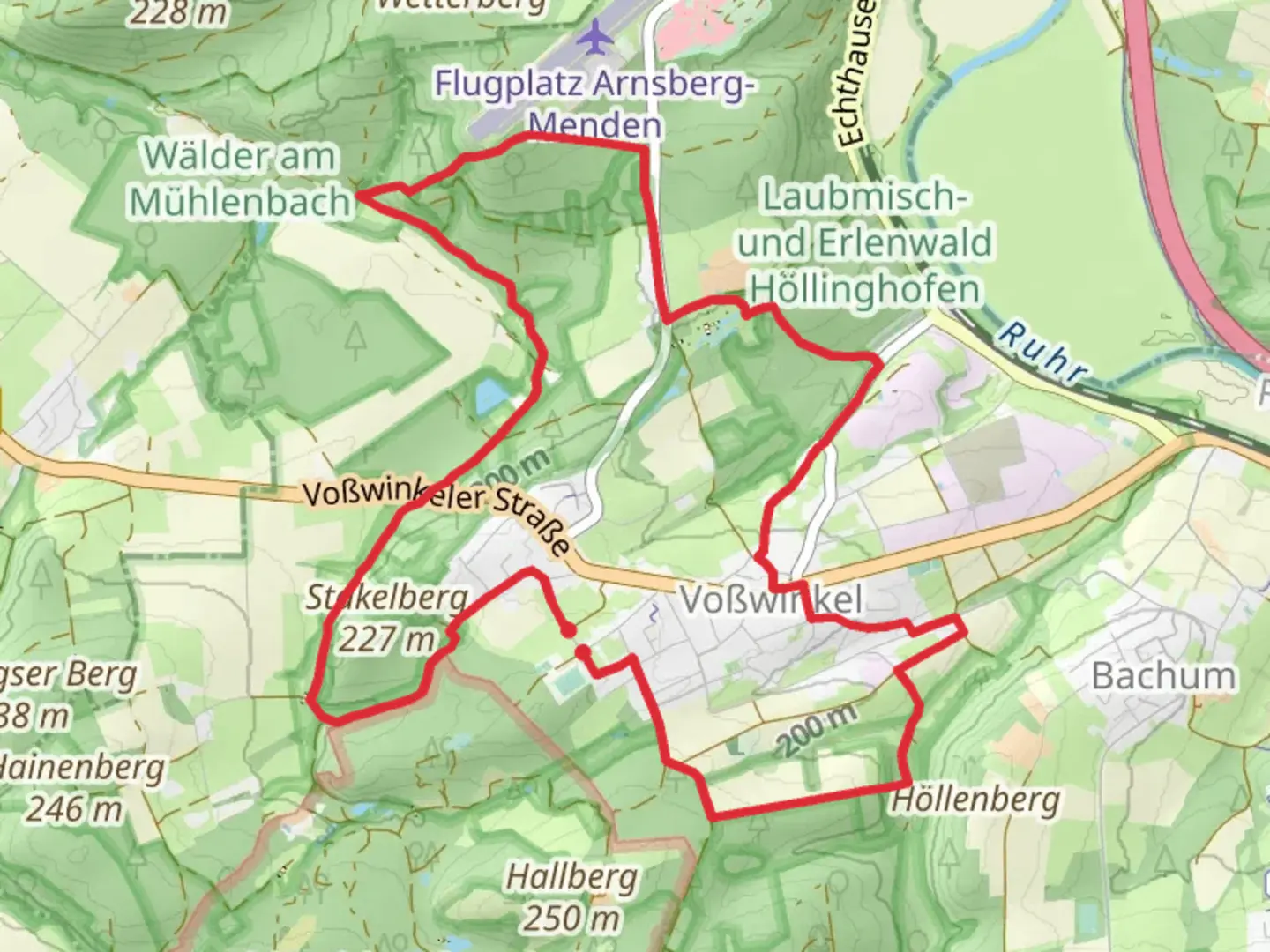 An image depicting the trail Luerwaldrunde and Vosswinkel and its surrounding area.