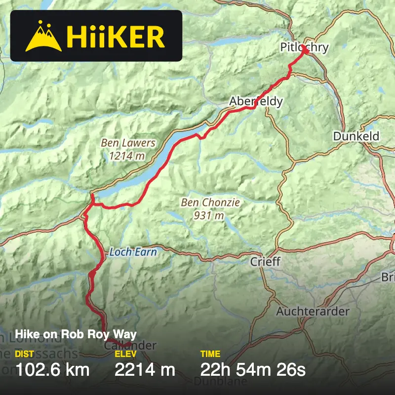 A map preview of the recording Hike on Rob Roy Way.