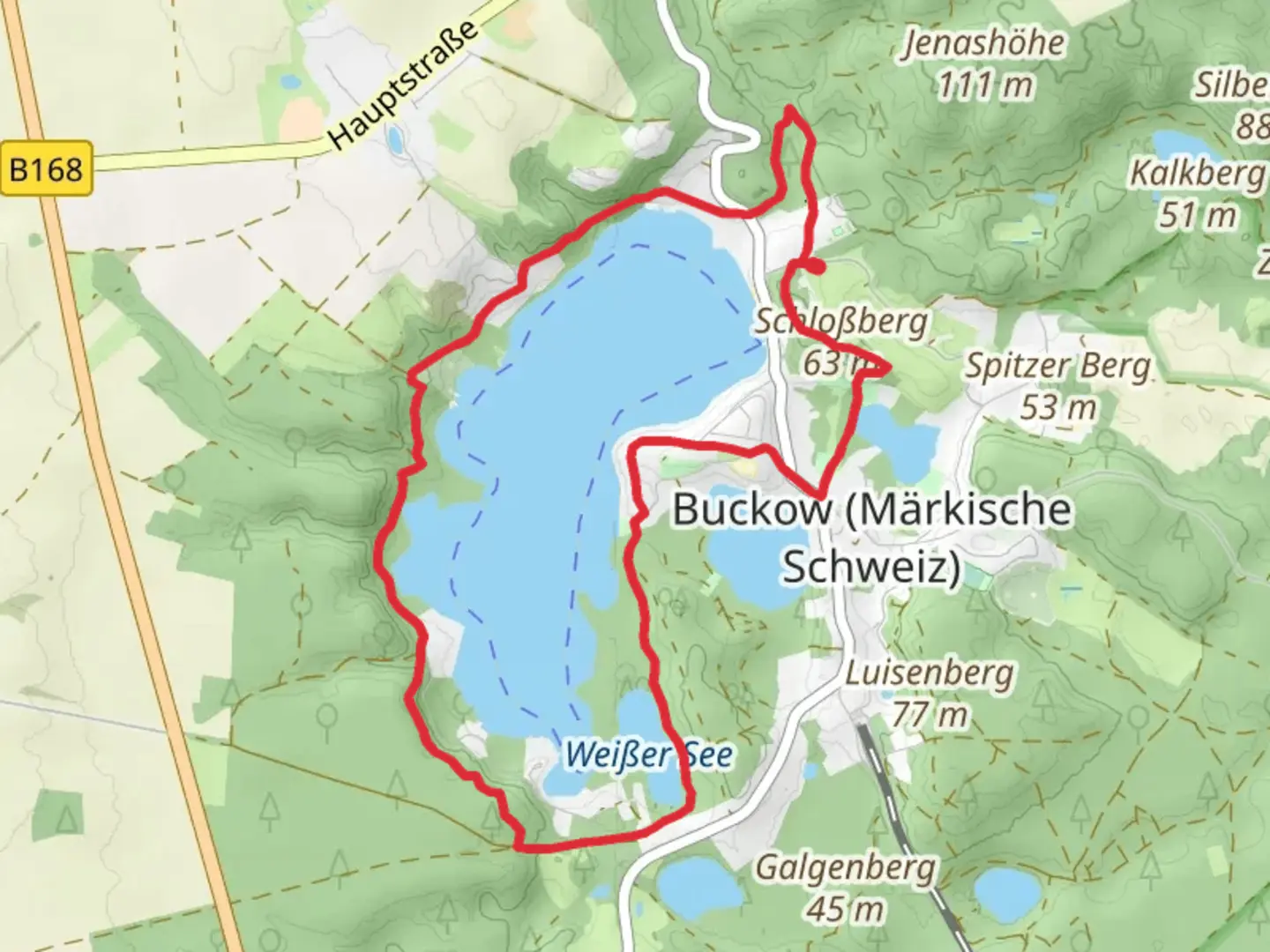 An image depicting the trail Schermuetzelsee, Griepensee and Weisser See via Strausberg Buckow and Schermuetzelsee and its surrounding area.