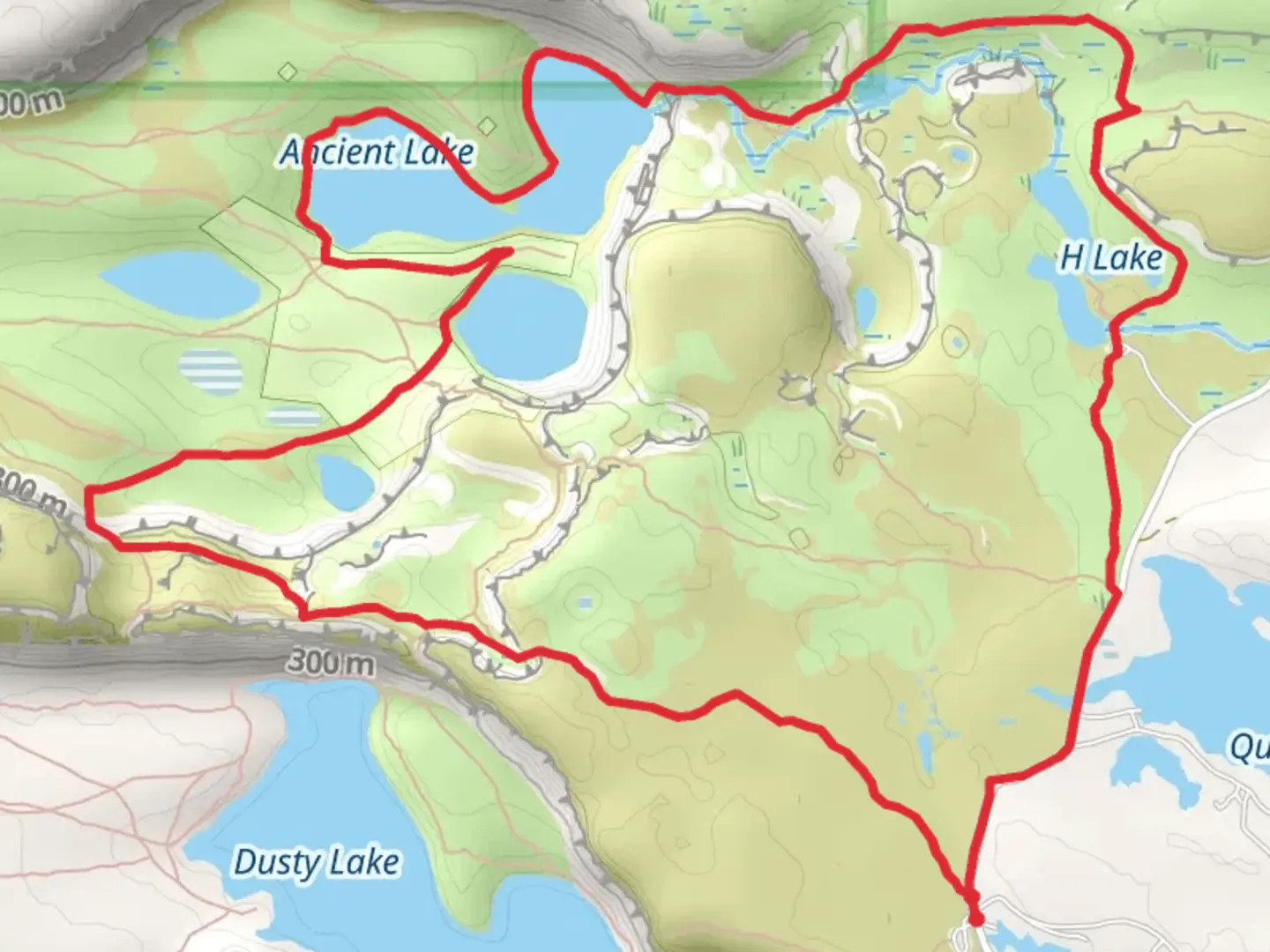 An image depicting the trail Ancient Lake and H Lake Loop and its surrounding area.