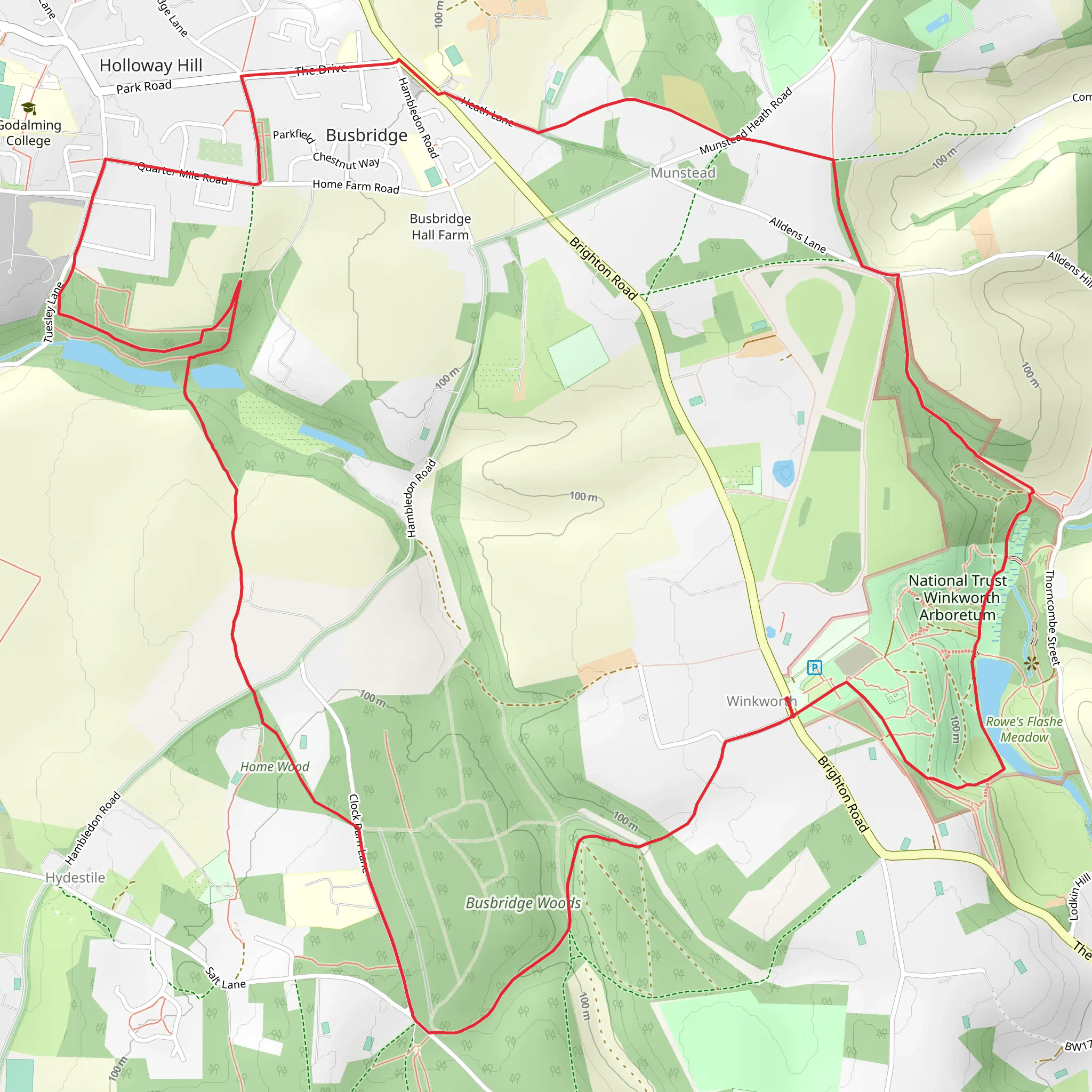 Busbridge Woods, Winkworth Arboretum and Busbridge Lakes Loop mobile static map