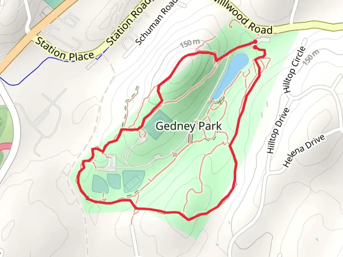 An image depicting the trail Gedney Park Loop from Millwood Road and its surrounding area.