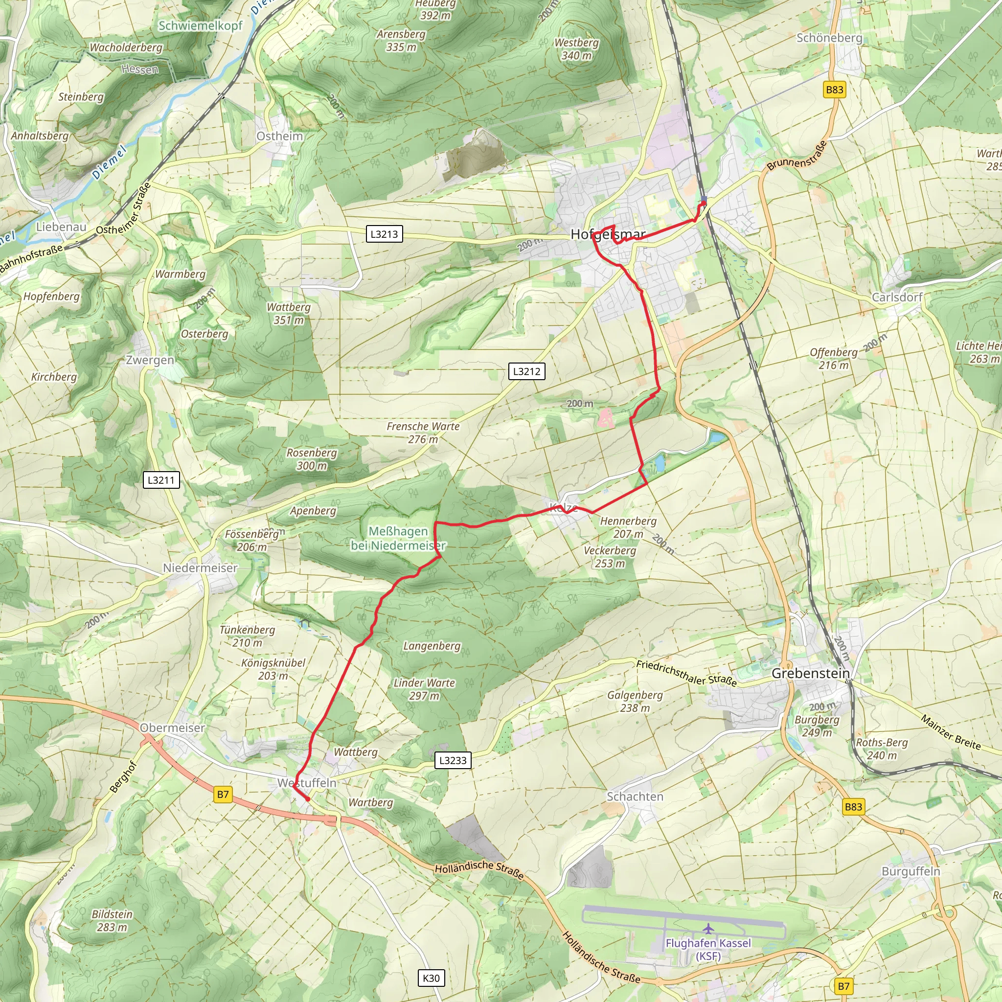 Westuffeln to Hofgeismar via Hofgeismar-Kelze mobile static map