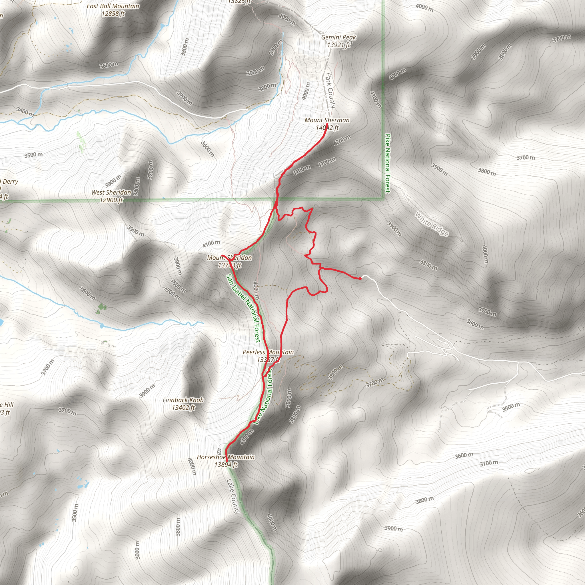 Mount Sherman, Mount Sheridan, and Horseshoe Mountain Loop via Four Mile Creek Road mobile static map