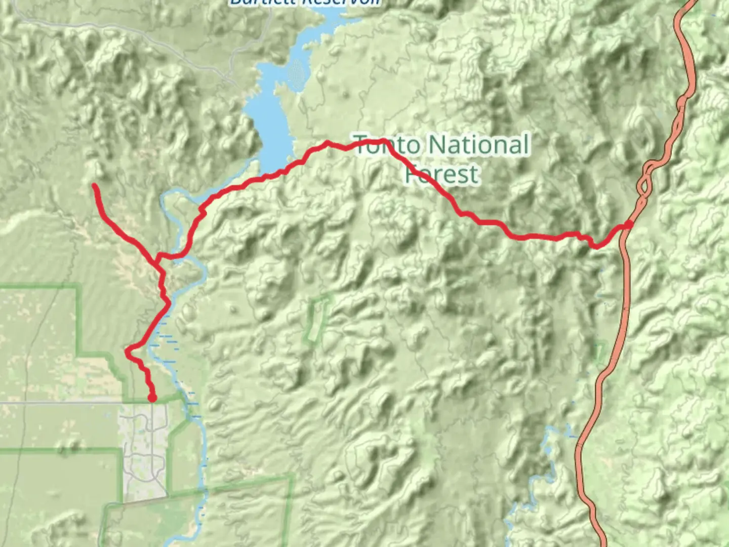 An image depicting the trail Log Corral Wash, Verde River and Needle Rock and its surrounding area.