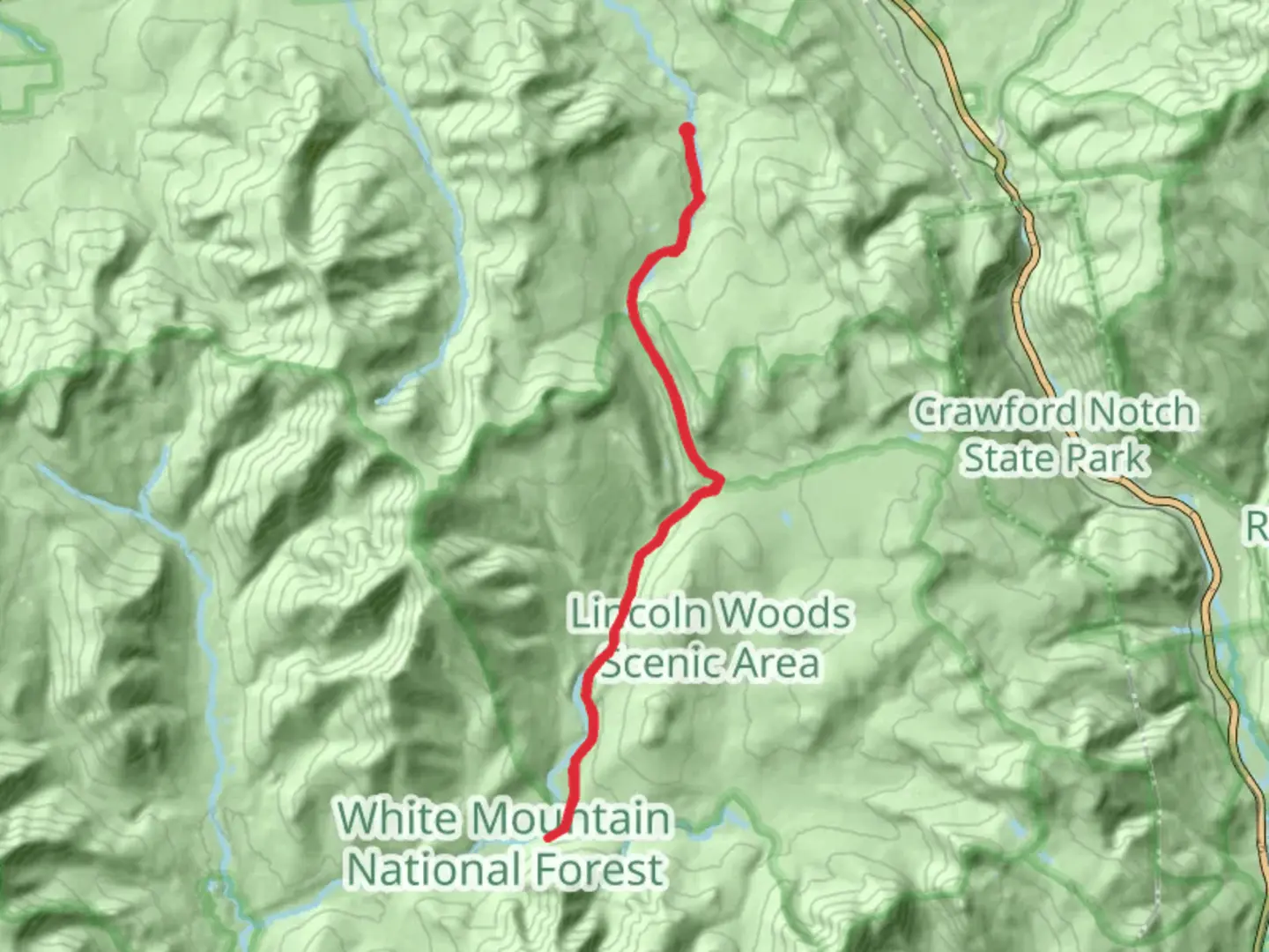 An image depicting the trail Thoreau Falls Trail via Zealand Trail and its surrounding area.