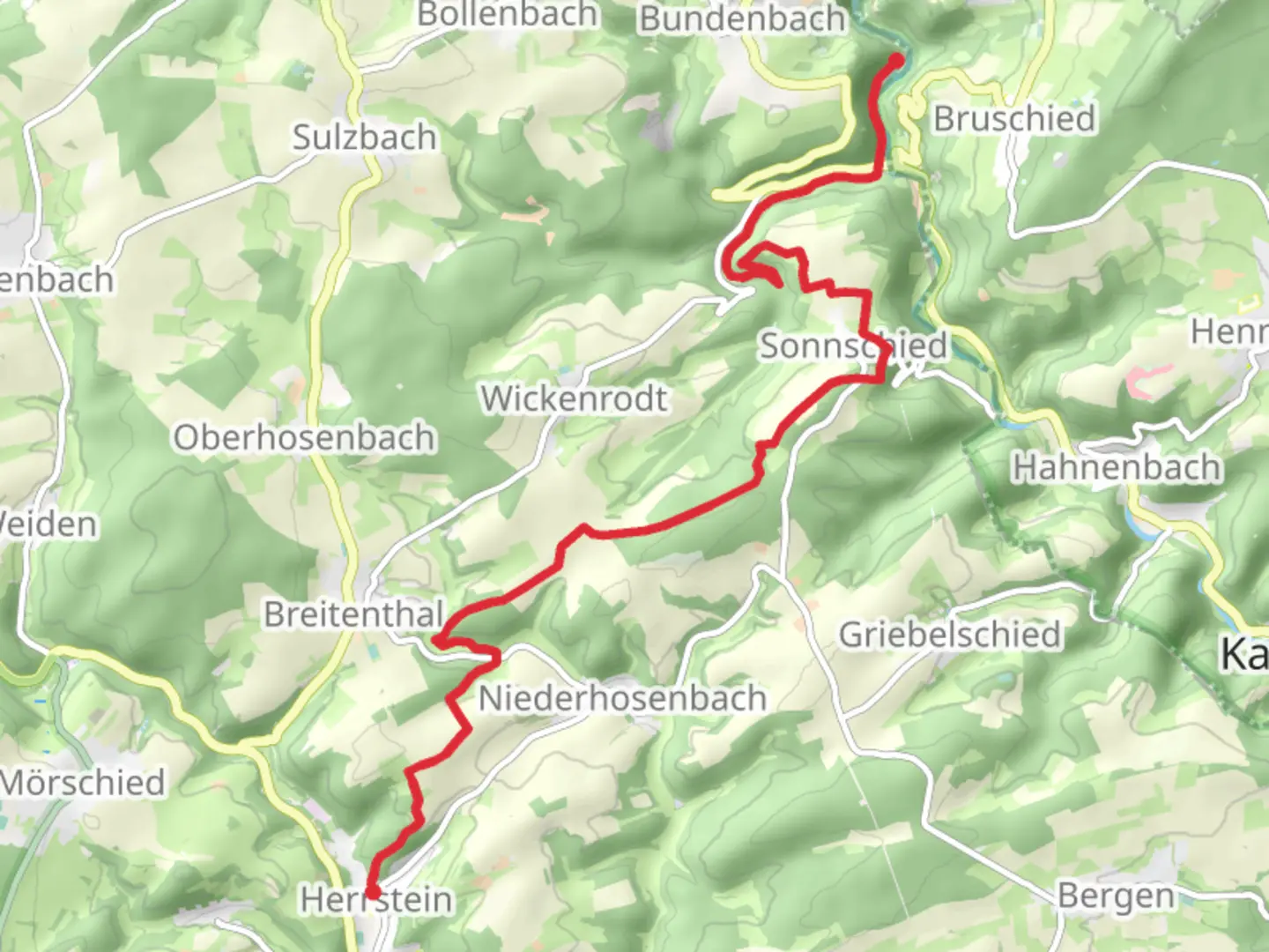 An image depicting the trail Herrstein to Bundenbach via Hosenberg and its surrounding area.