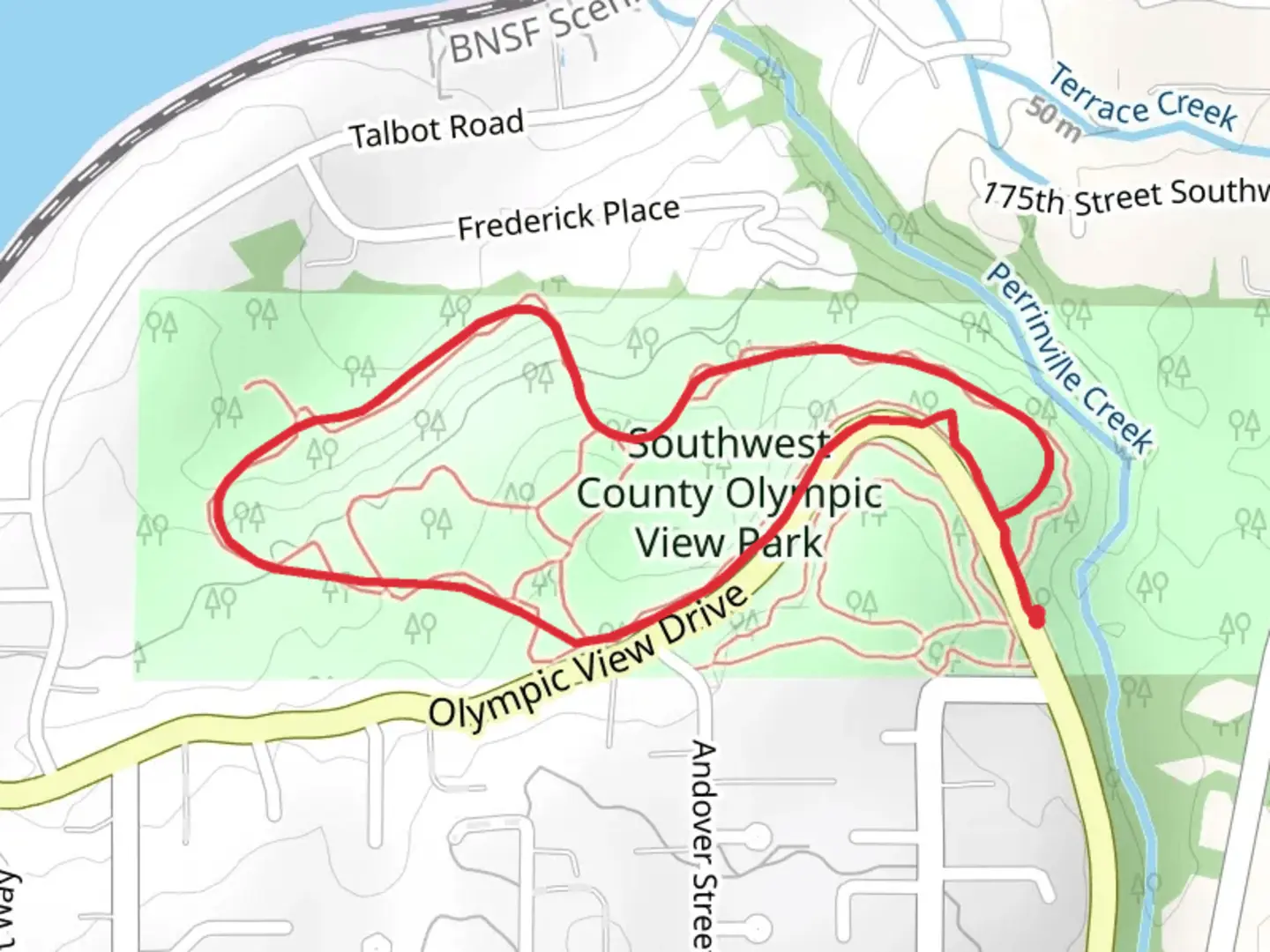 An image depicting the trail Southwest County Olympic View Park Loop and its surrounding area.