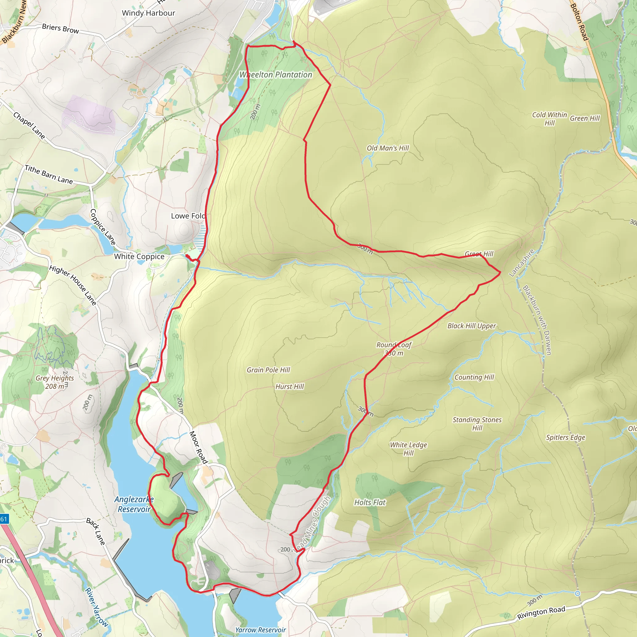 Hatch Brook Waterfall, Great Hill and Anglezarke Reservoir Loop - White Coppice mobile static map