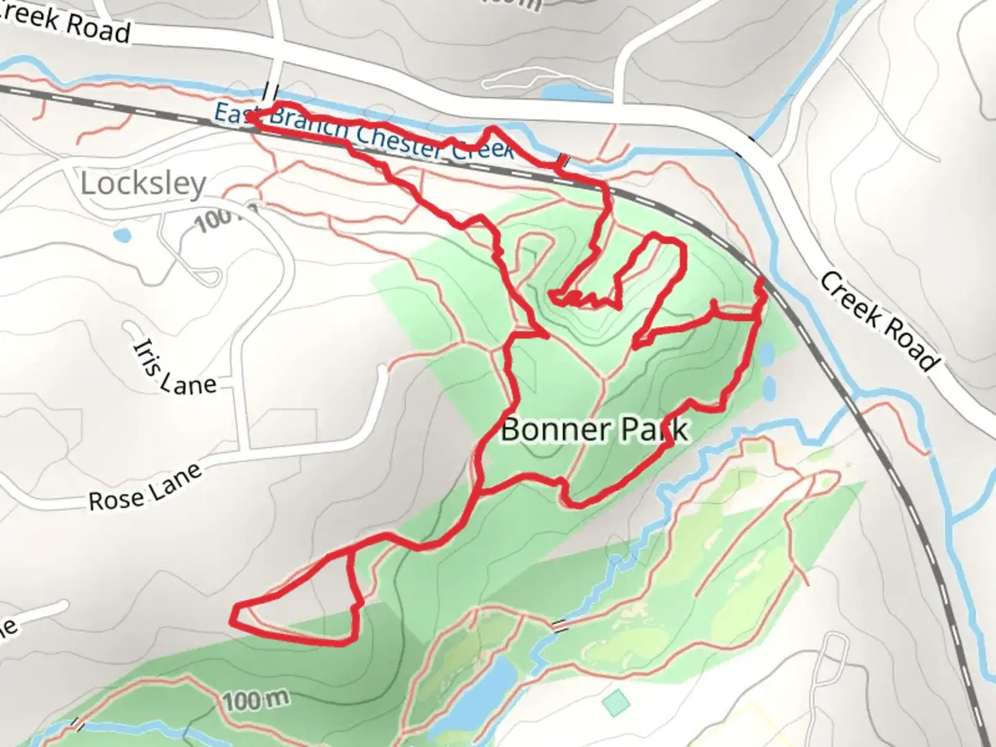 An image depicting the trail Bonner Park Loop from Locksley Road and its surrounding area.