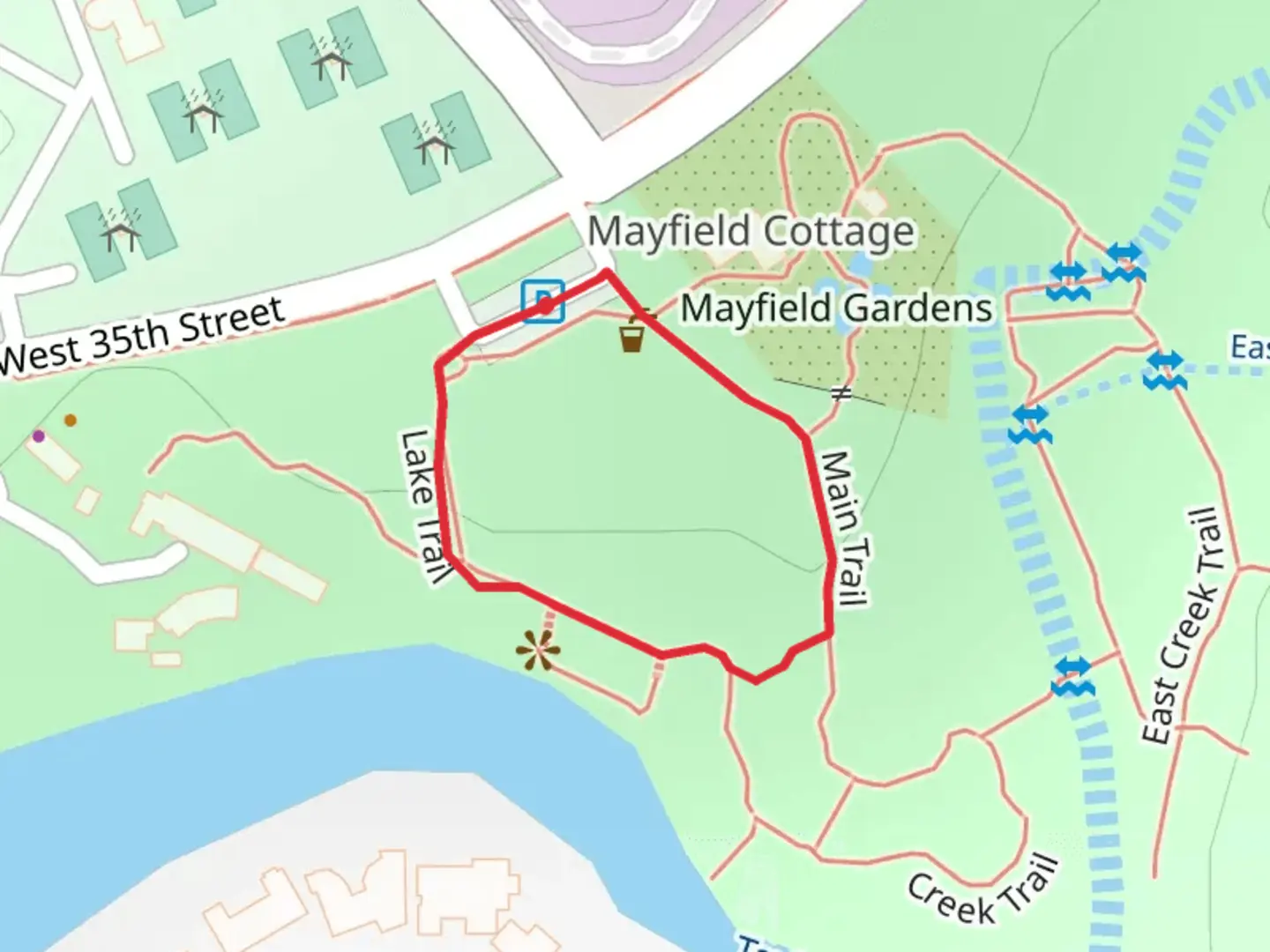 An image depicting the trail Mayfield Park - Lake Trail and its surrounding area.