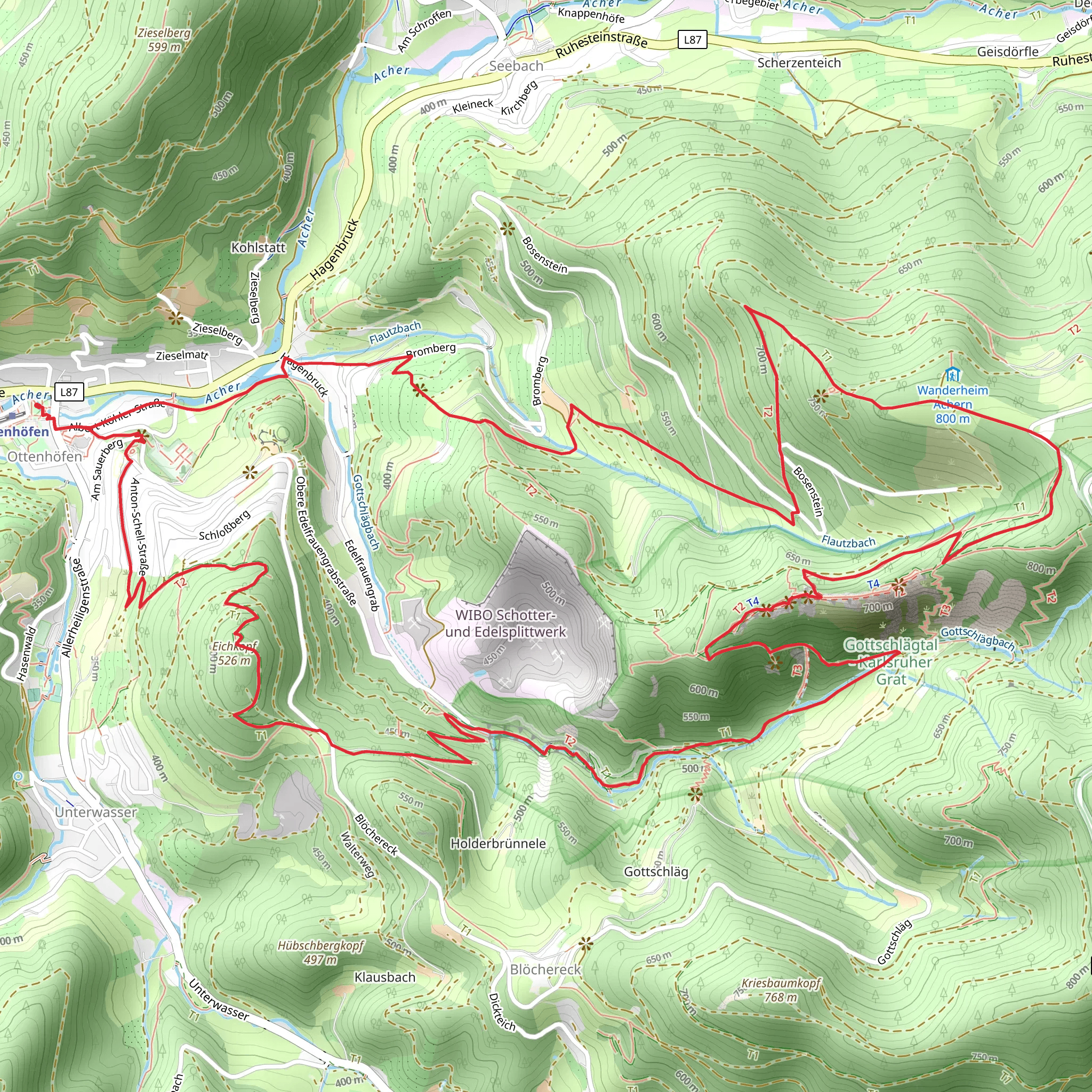 Eichkopf and Gottschlägtal - Karlsruher Grat via Geniesserpfad Karisruher Grat mobile static map