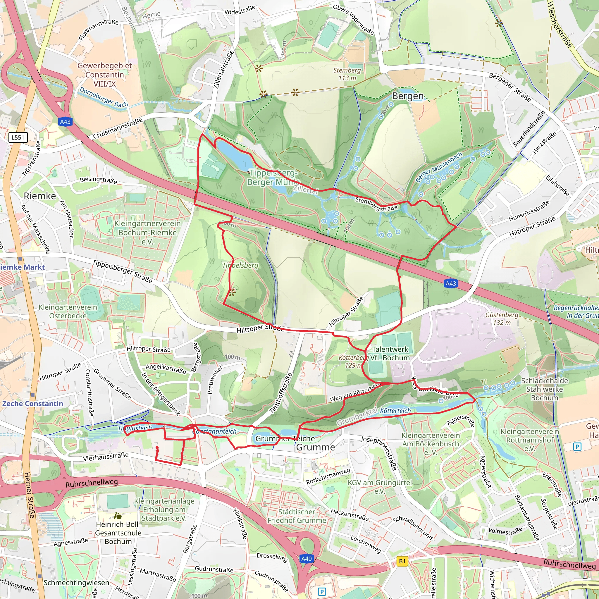 Kaiserauenteich and Unterer Stemberg Teich via Balken Grumme Castrop and Rund um Bochum mobile static map