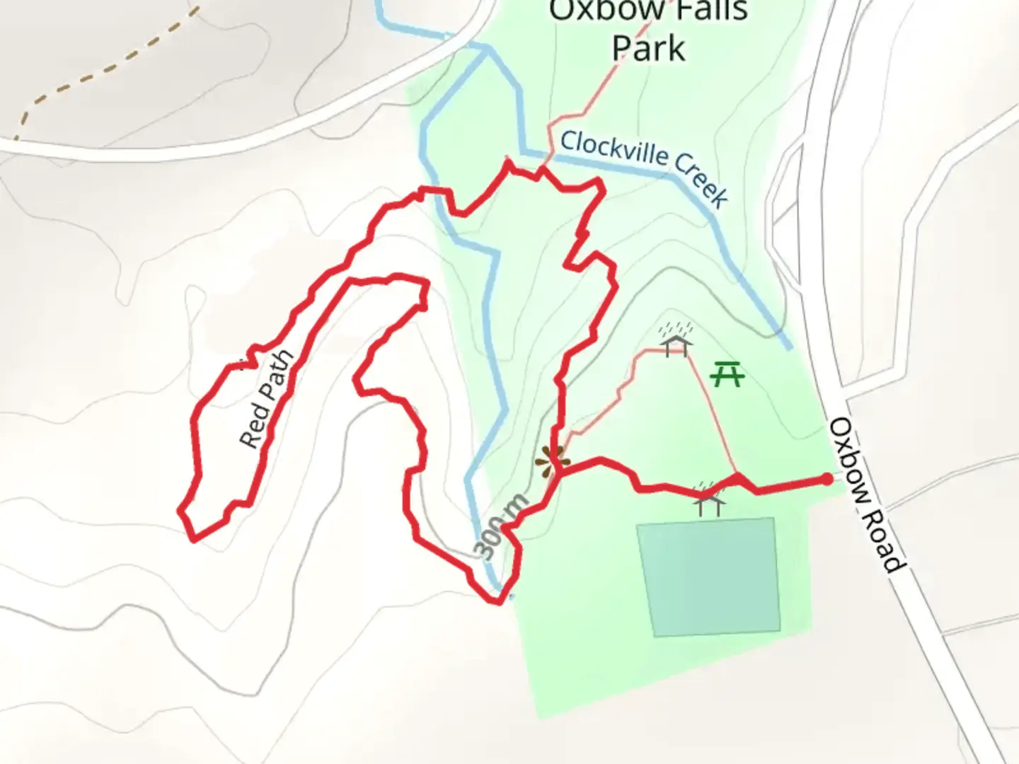 An image depicting the trail Red Path Loop Trail from Oxbow Road and its surrounding area.