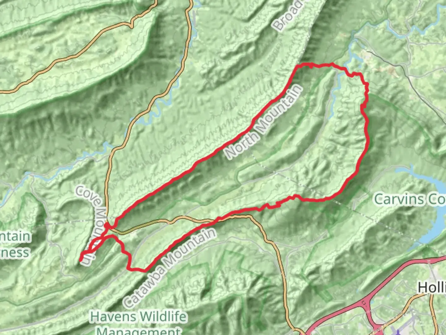 An image depicting the trail Dragon's Tooth, Cove Mountain, Lost Spectacles Gap and Appalachian Loop Trail and its surrounding area.