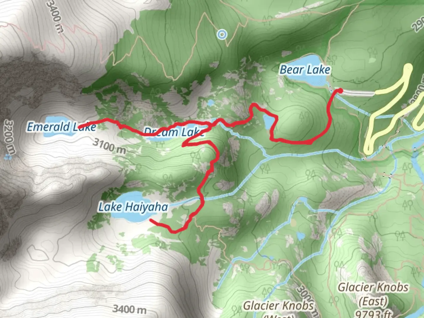 An image depicting the trail Nymph Lake, Emerald Lake, Haiyaha Lake and Dream Lake and its surrounding area.