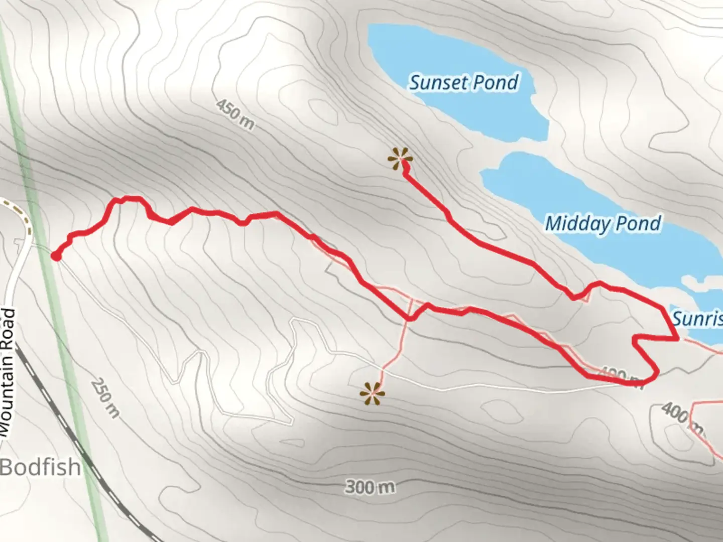 An image depicting the trail Sunset Pond and Midday Pond via Base Trail Out and Back and its surrounding area.