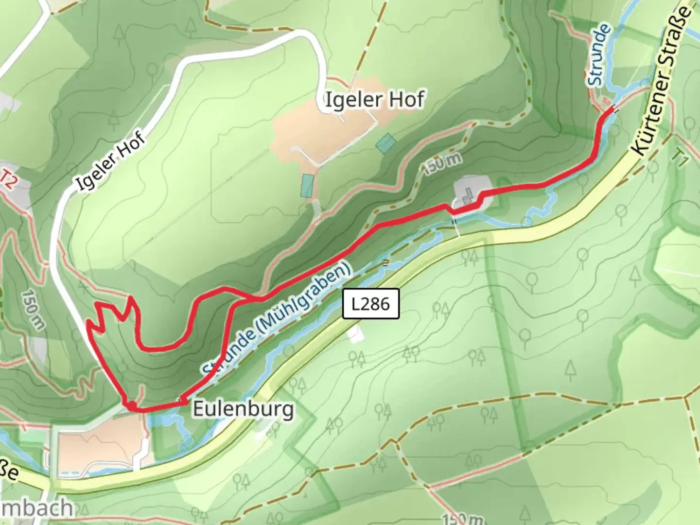 An image depicting the trail Strunde via Herrenstrunden Rundweg and its surrounding area.