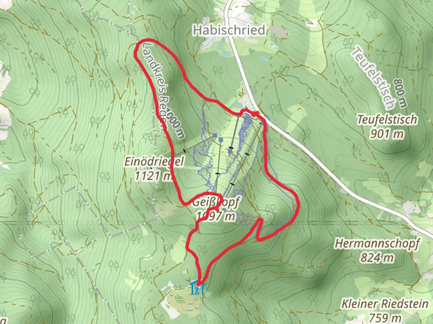 An image depicting the trail Ringstraße and Geißkopfturm via Bischofsmais and its surrounding area.