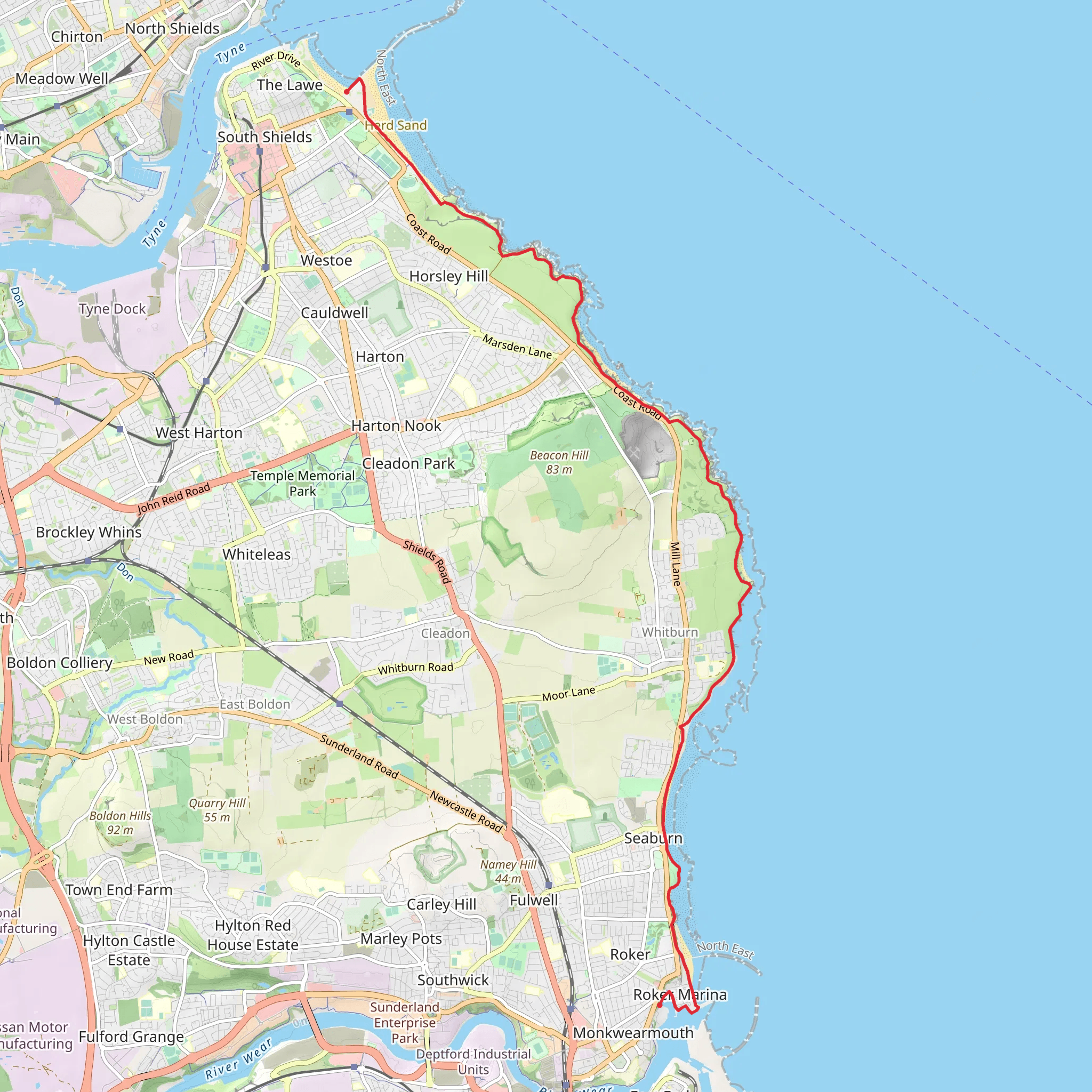 Sandhaven Beach to Sunderland Marina Walk mobile static map