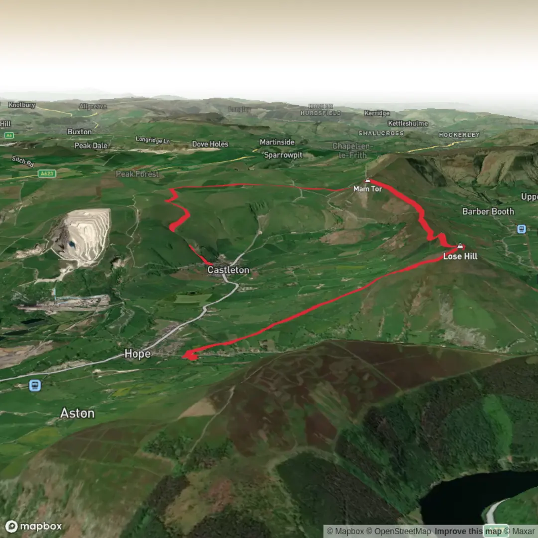An image depicting the trail Hope to Castle ton via Mam Tor and its surrounding area.