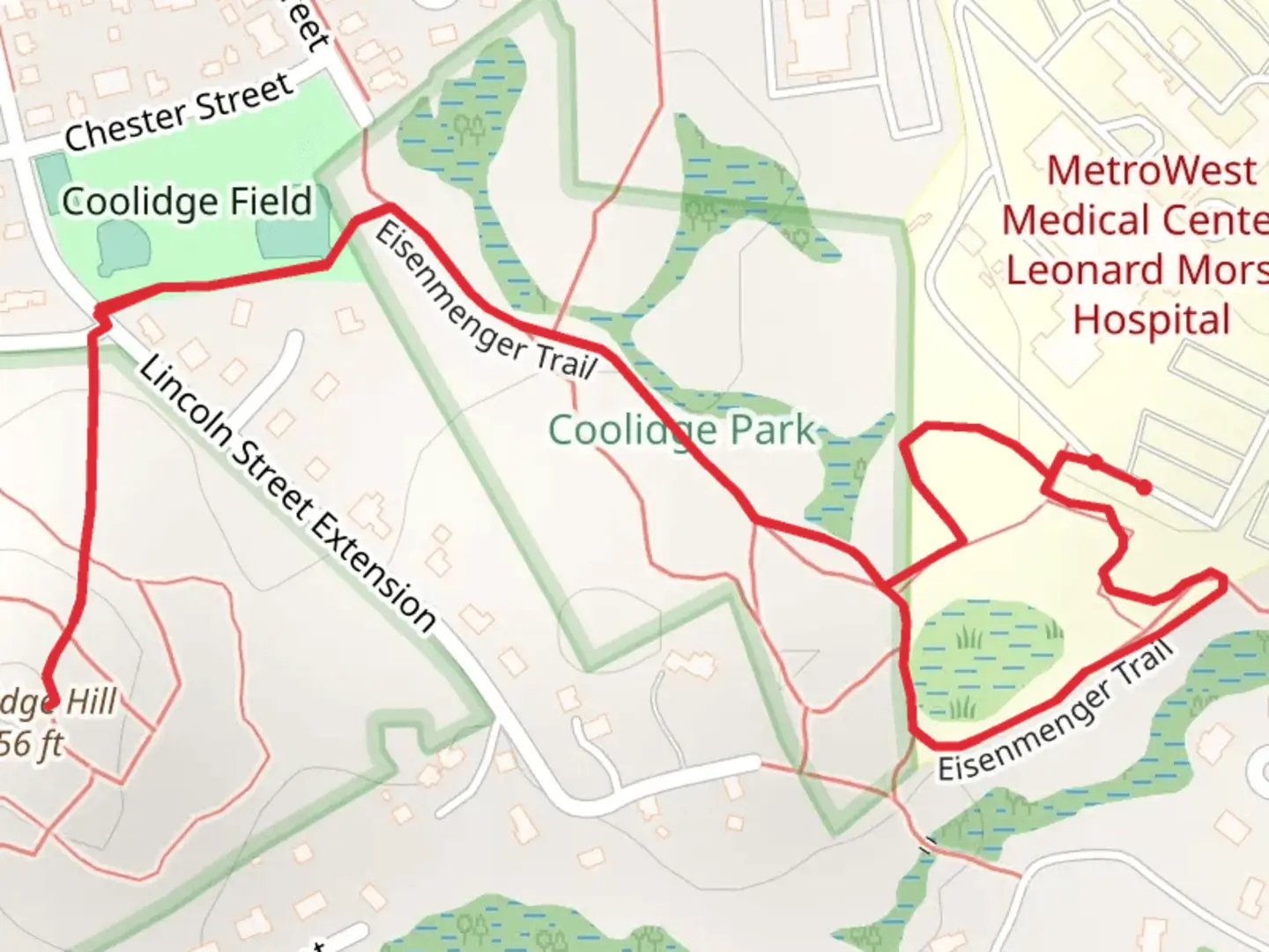 An image depicting the trail Coolidge Hill via Eisenmenger Trail and its surrounding area.