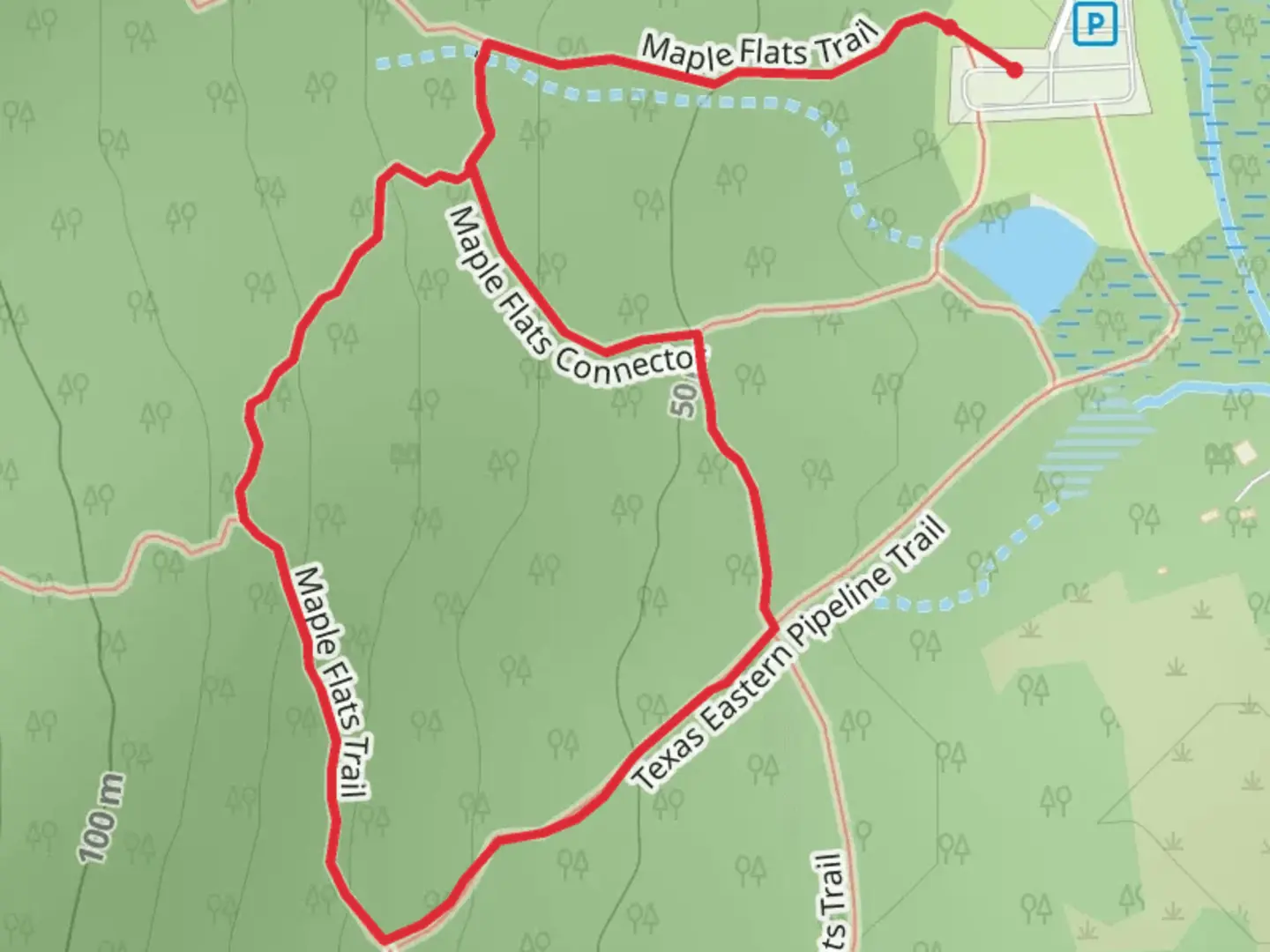 An image depicting the trail Pipeline - White Circle - White Triangle Loop and its surrounding area.