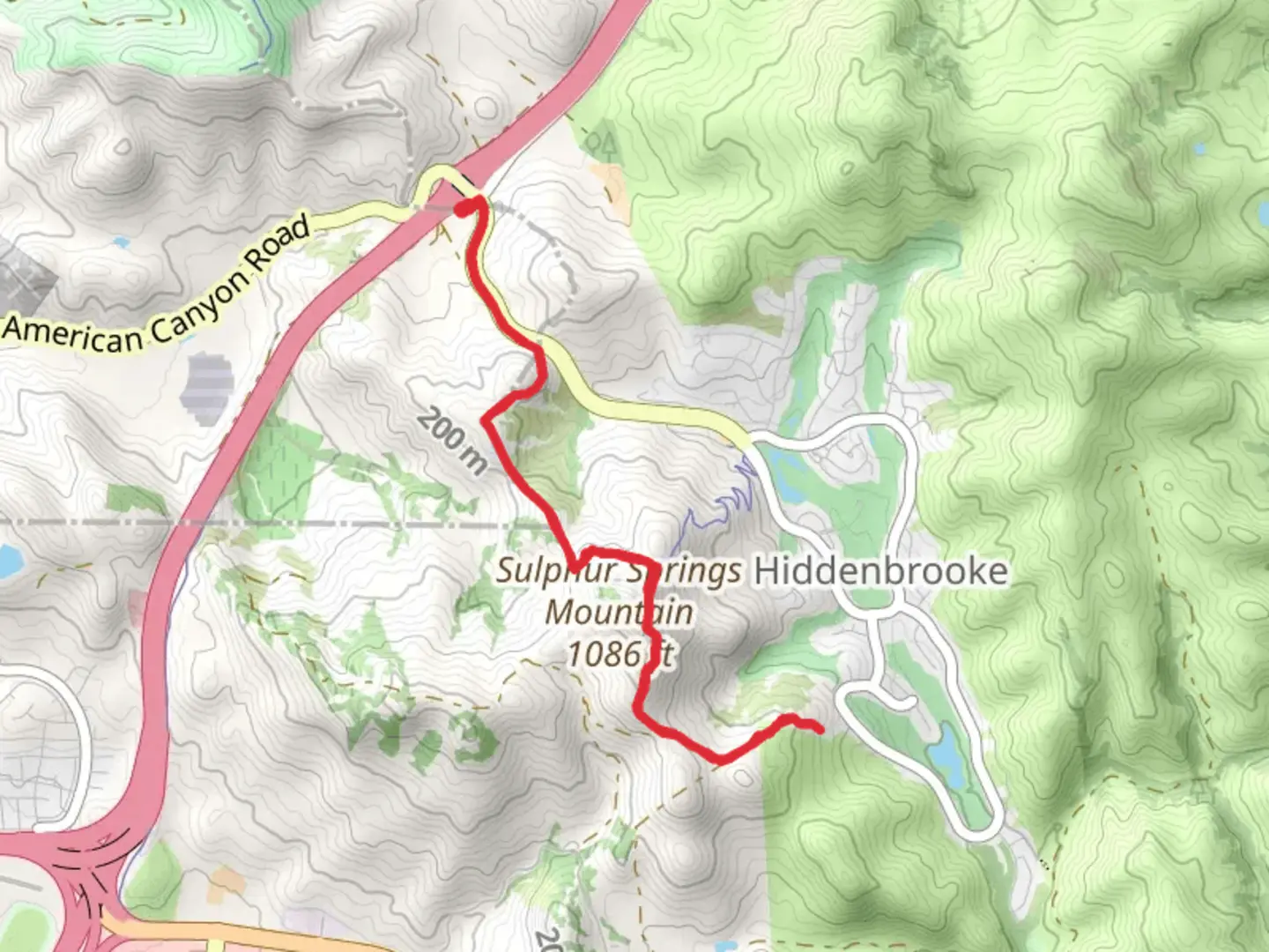 An image depicting the trail Sulphur Springs Mountain - Hiddenbrooke Trail and its surrounding area.