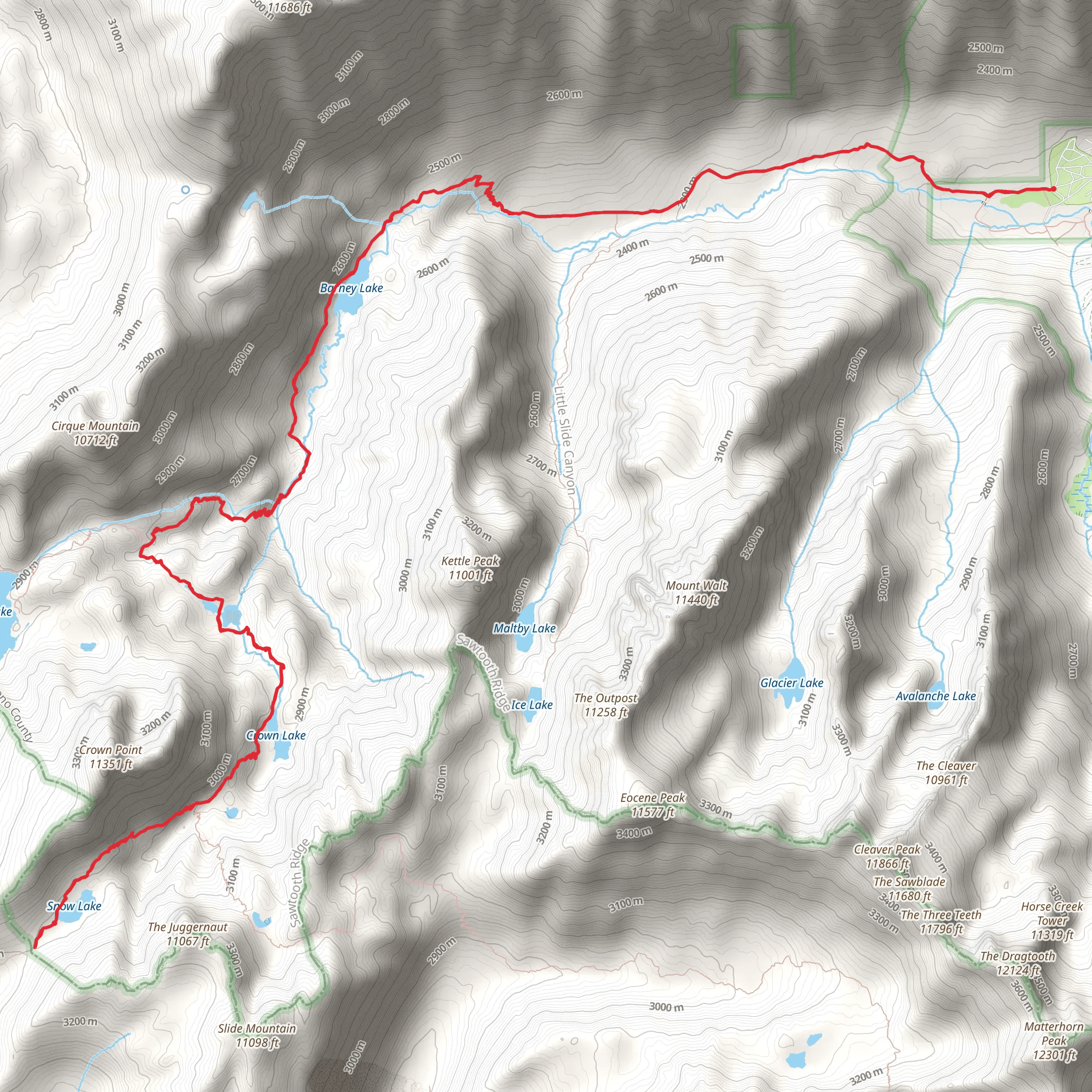 Barney Lake, Robinson Lake and Snow Lake via Robinson Creek mobile static map