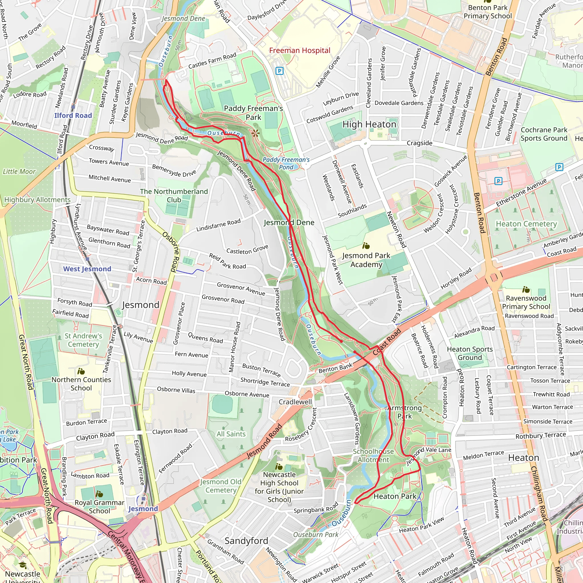 Armstrong Park and Jesmond Dene via Red Walk mobile static map