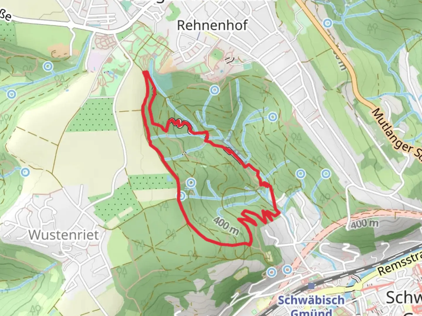 An image depicting the trail Waldkugelbahn Weg and Remstalweg Loop and its surrounding area.