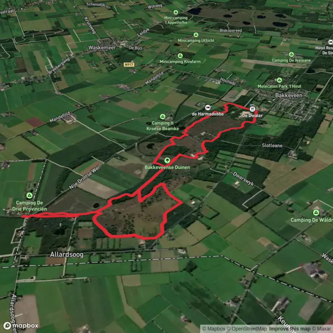 An image depicting the trail Bakkeveense Duinen and Uitzichttoren Loop and its surrounding area.