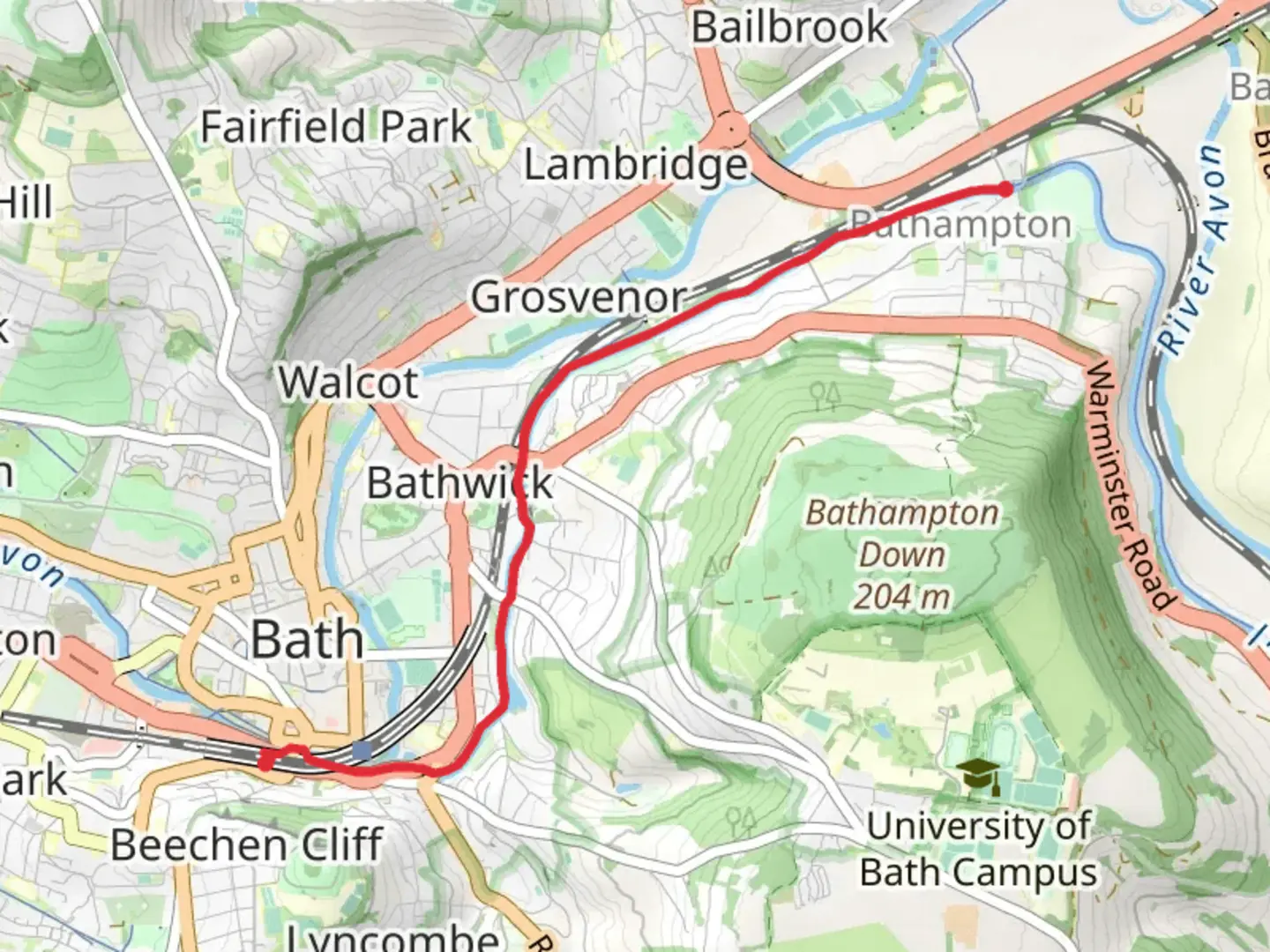 An image depicting the trail Bath Spa to Bathampton Walk and its surrounding area.