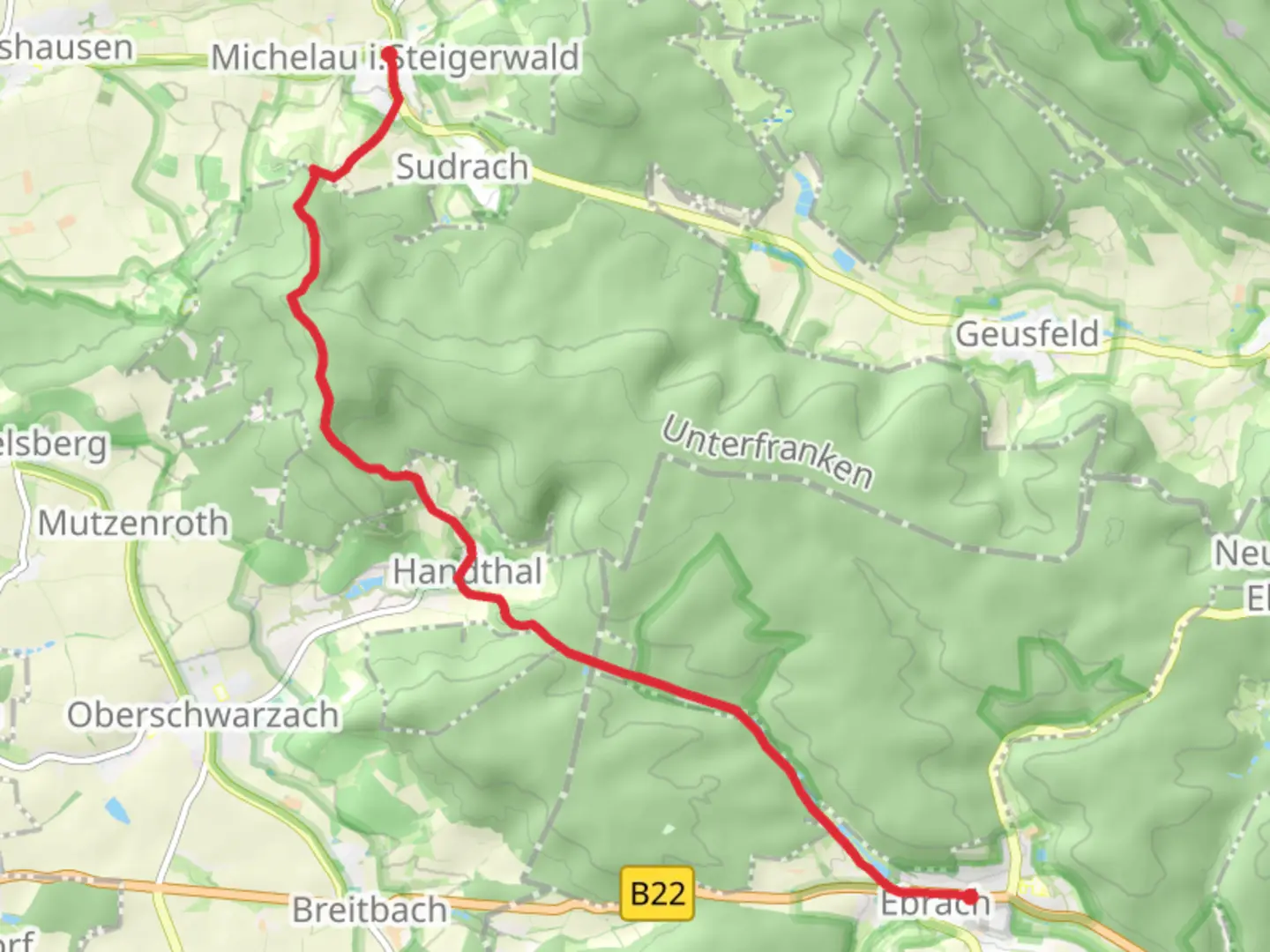 An image depicting the trail Michelau im Steigerwald to Ebrach via Steigerwald and its surrounding area.