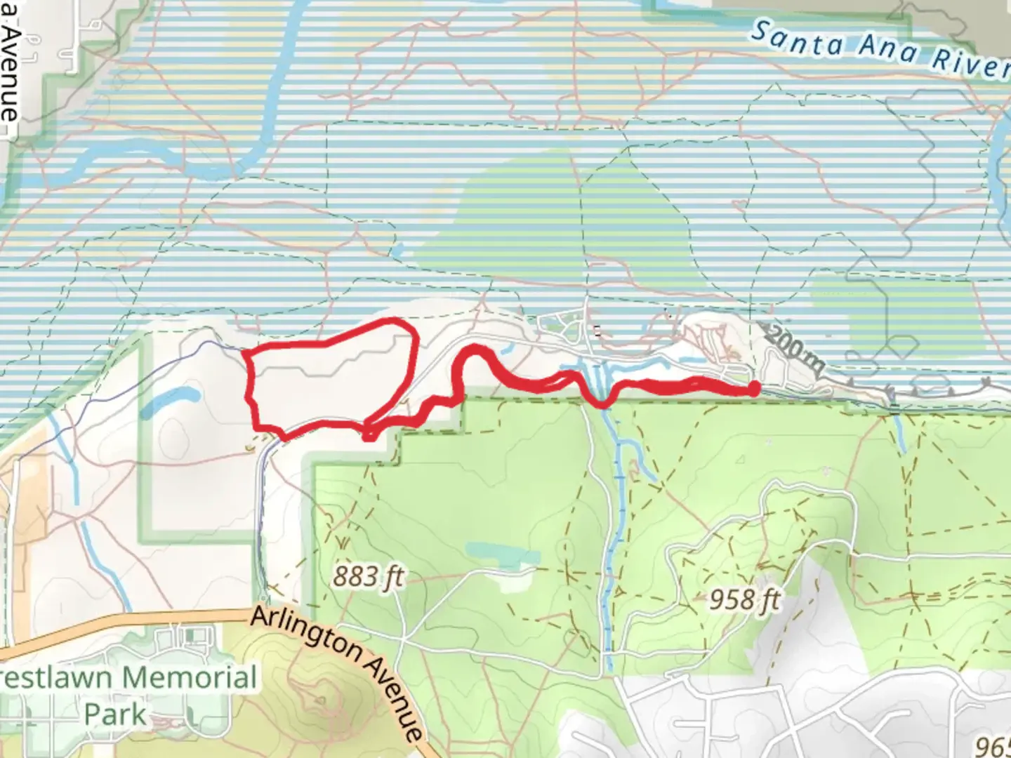 An image depicting the trail Chaparral Trail and Santa Ana River Loop Trail and its surrounding area.