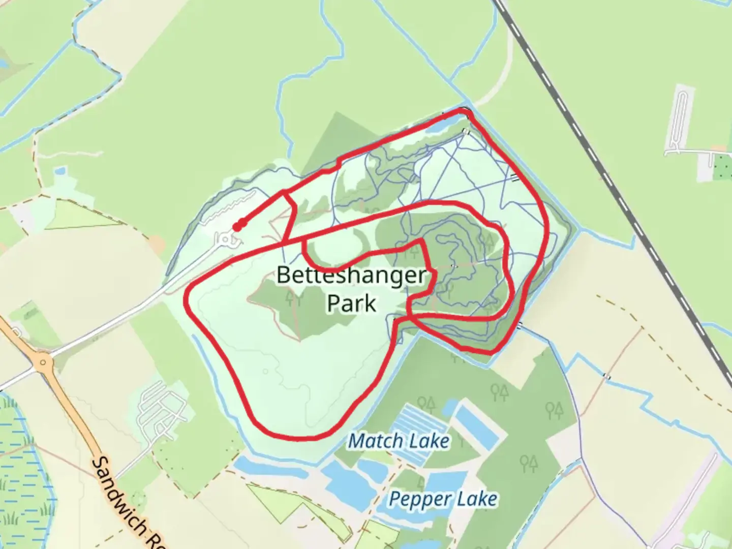 An image depicting the trail Leisure Path and Batteshanger Park Loop and its surrounding area.