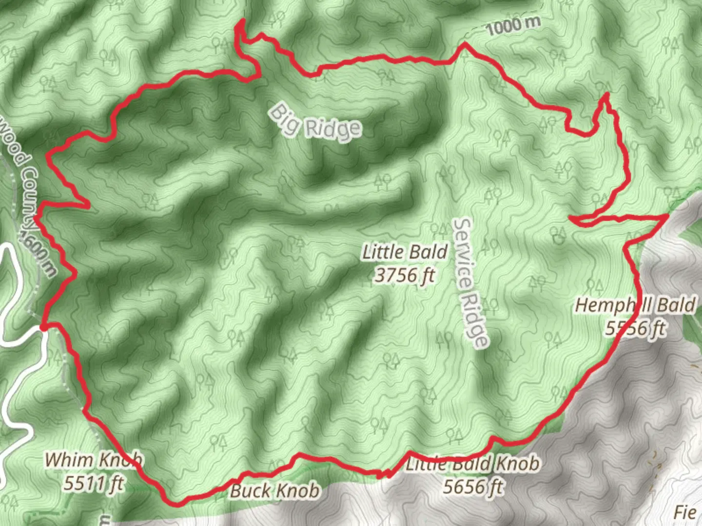 An image depicting the trail Hemphill Bald Trail, Caldwell Fork Trail and Rough Fork Trail Loop and its surrounding area.