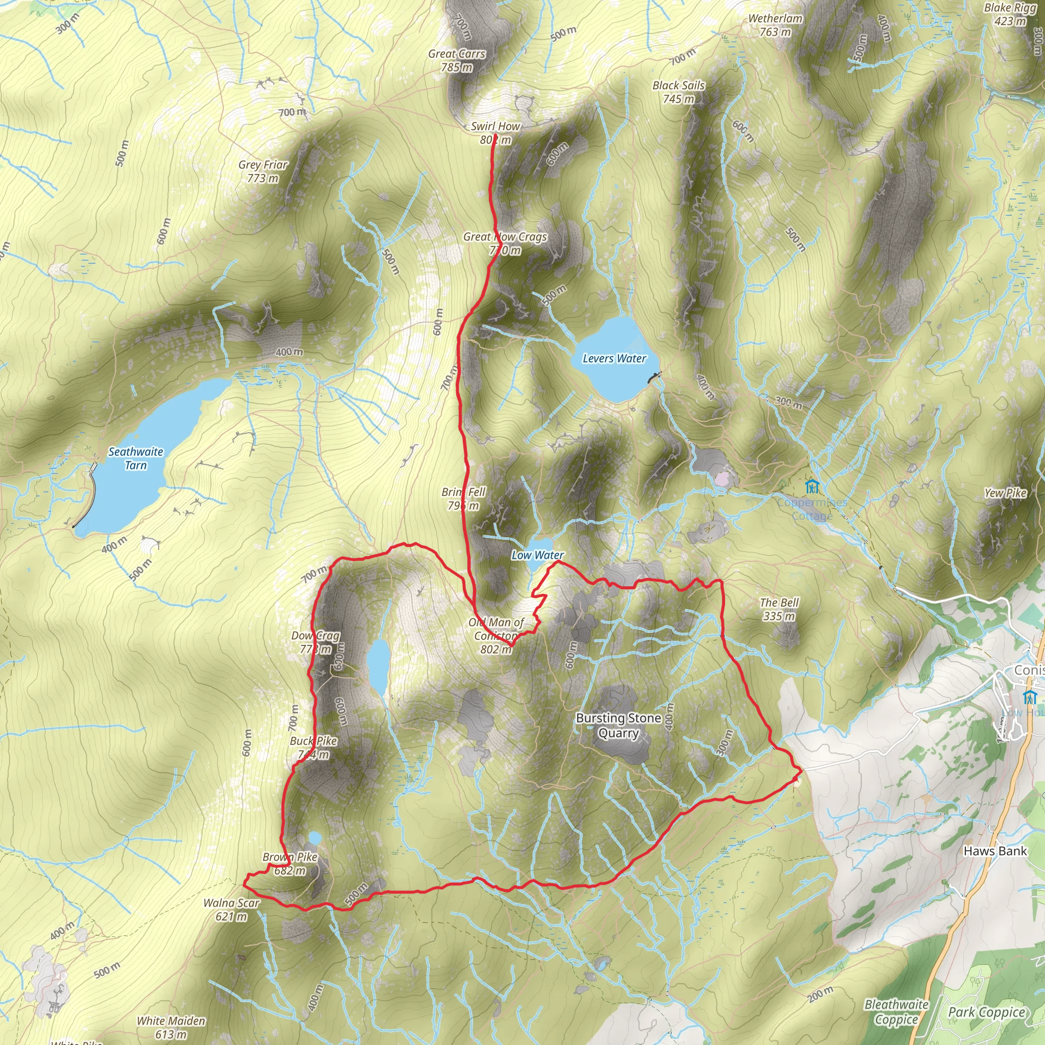 Low Water, Old Man of Coniston, Swirl How, Dow Crag and Brown Pike Loop mobile static map