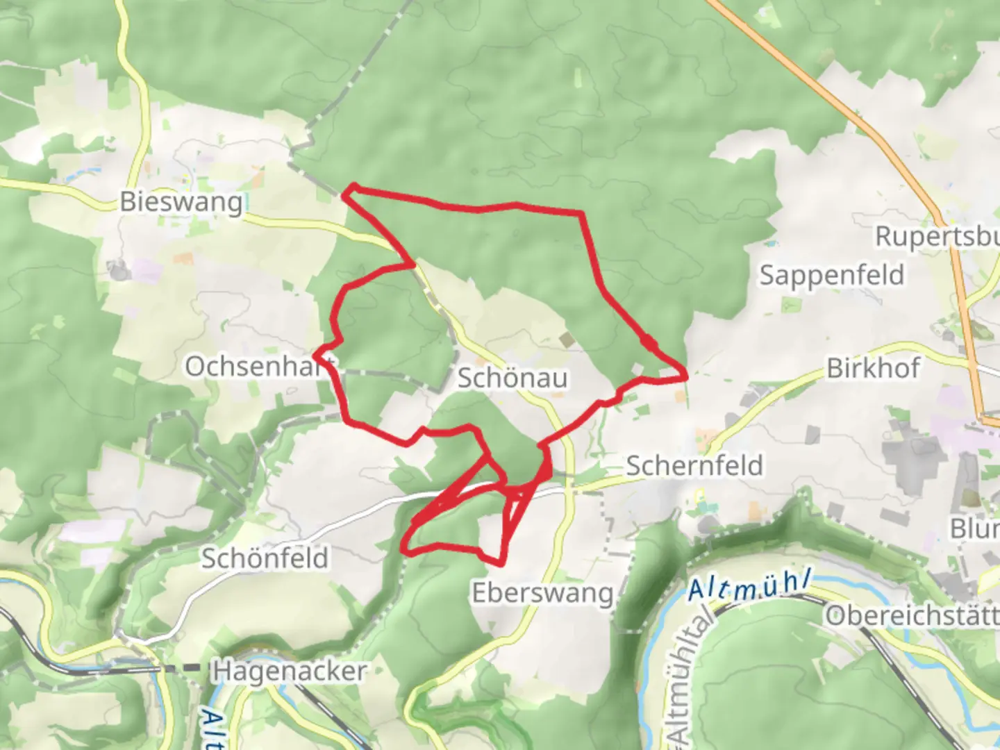 An image depicting the trail Schonau Loop and its surrounding area.