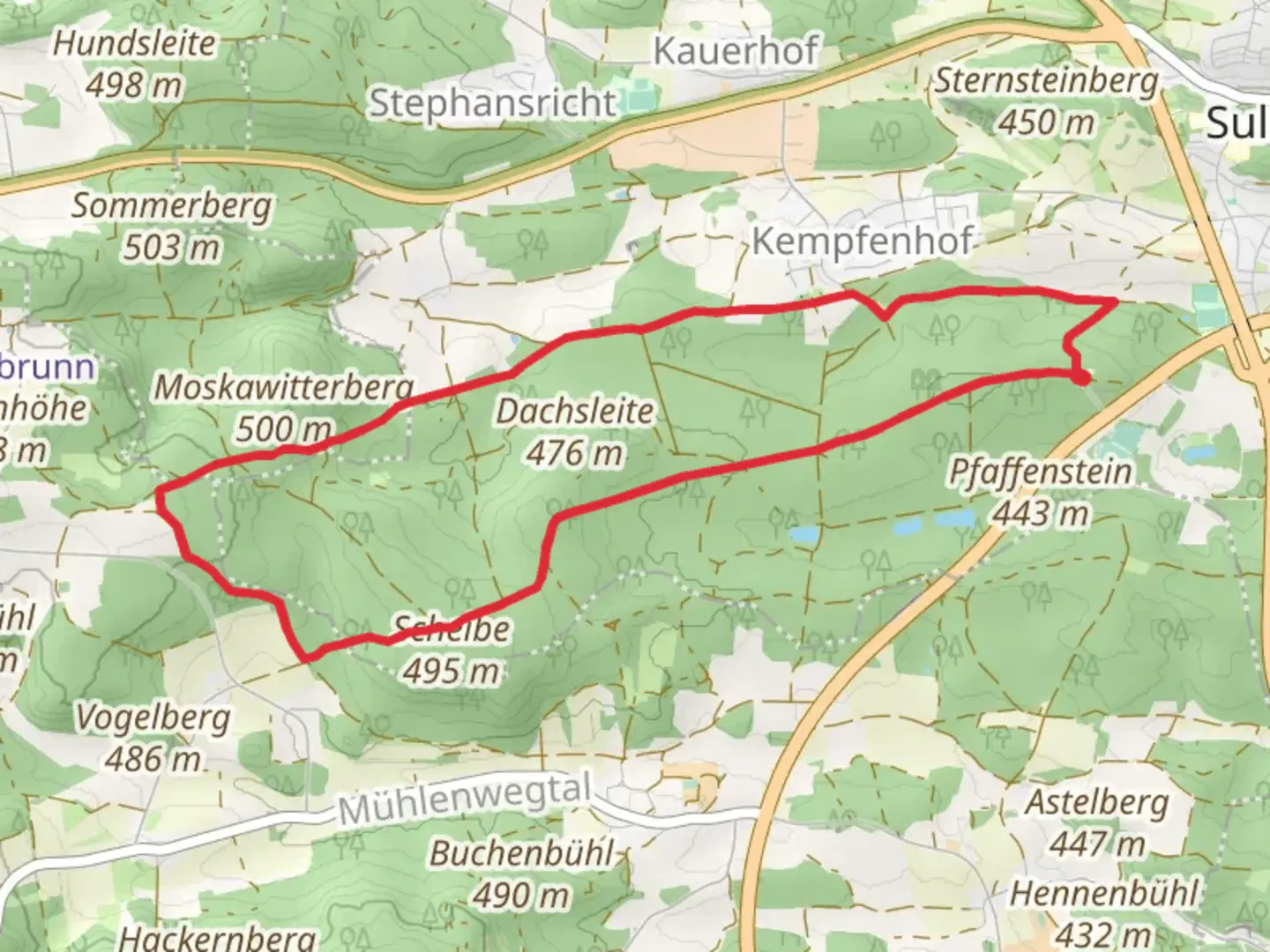 An image depicting the trail Walderlebnispfad Wagensass and Rotpunkt and its surrounding area.