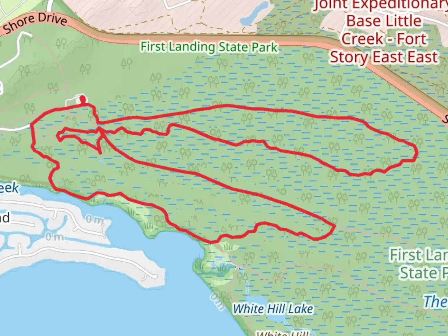 An image depicting the trail Osmanthus Trail,Osmanthus Trail and Cape Henry Trail Loop and its surrounding area.