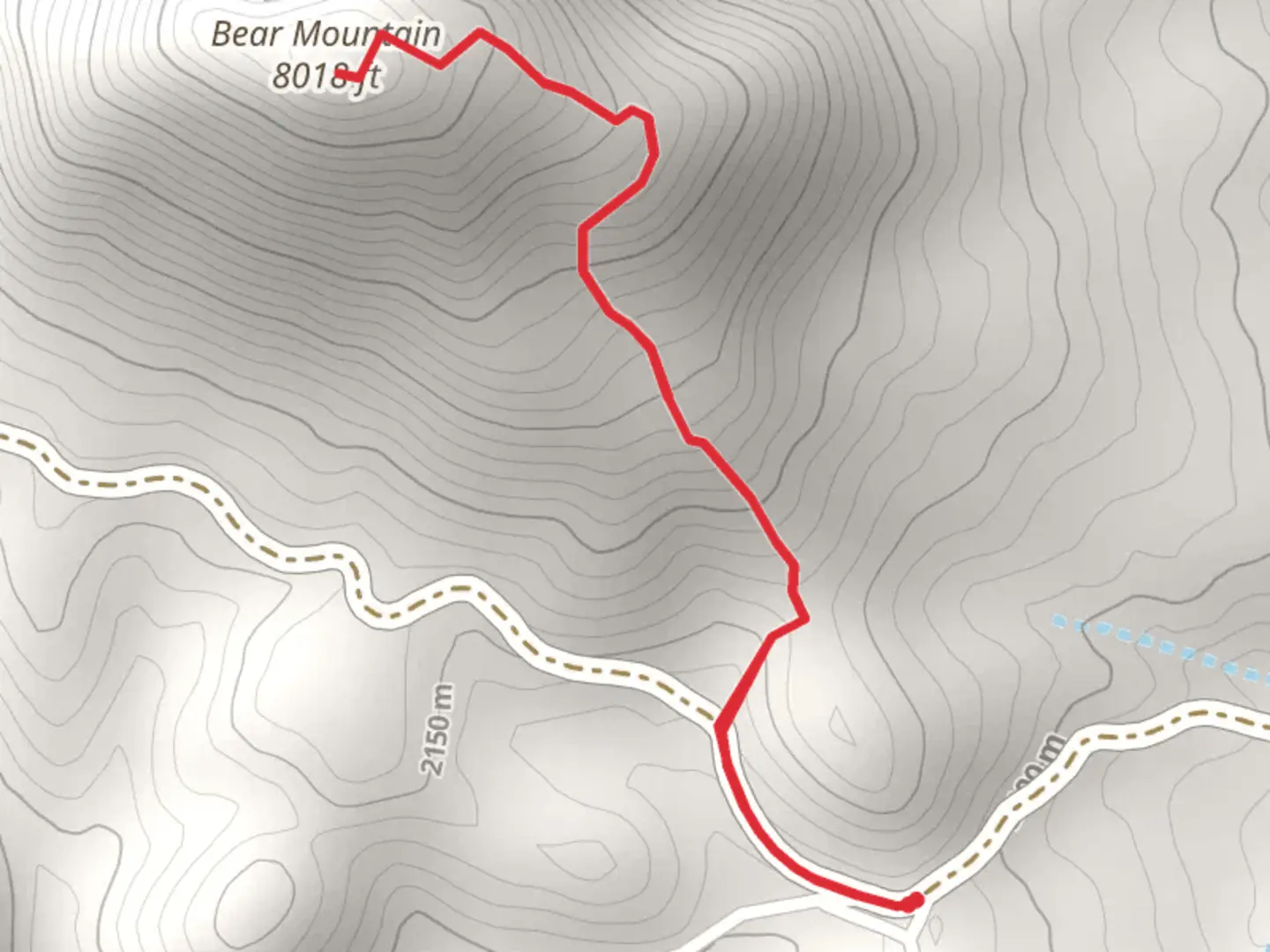 An image depicting the trail Bear Mountain Out and Back and its surrounding area.