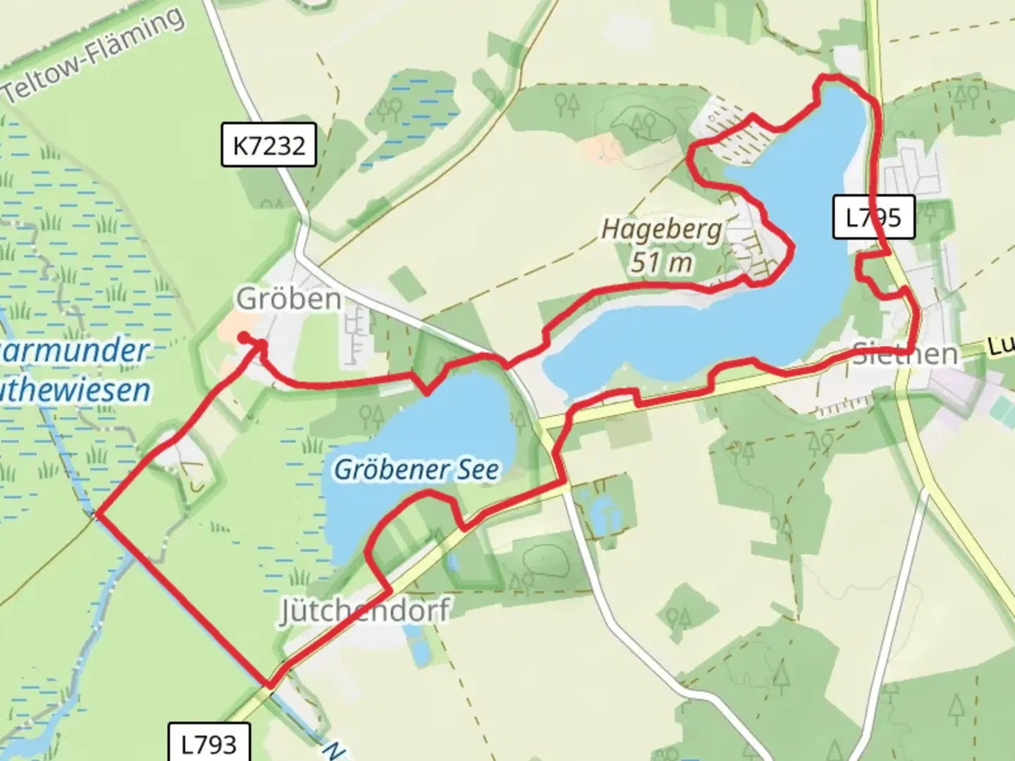 An image depicting the trail Gröbener See and Siethener See Loop and its surrounding area.