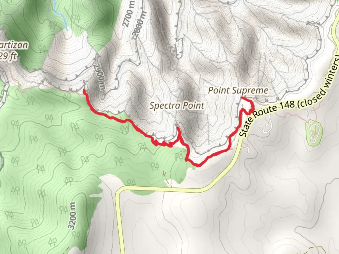 An image depicting the trail Spectra Point Overlook, Ramparts and Point Supreme Viewpoint Trail and its surrounding area.