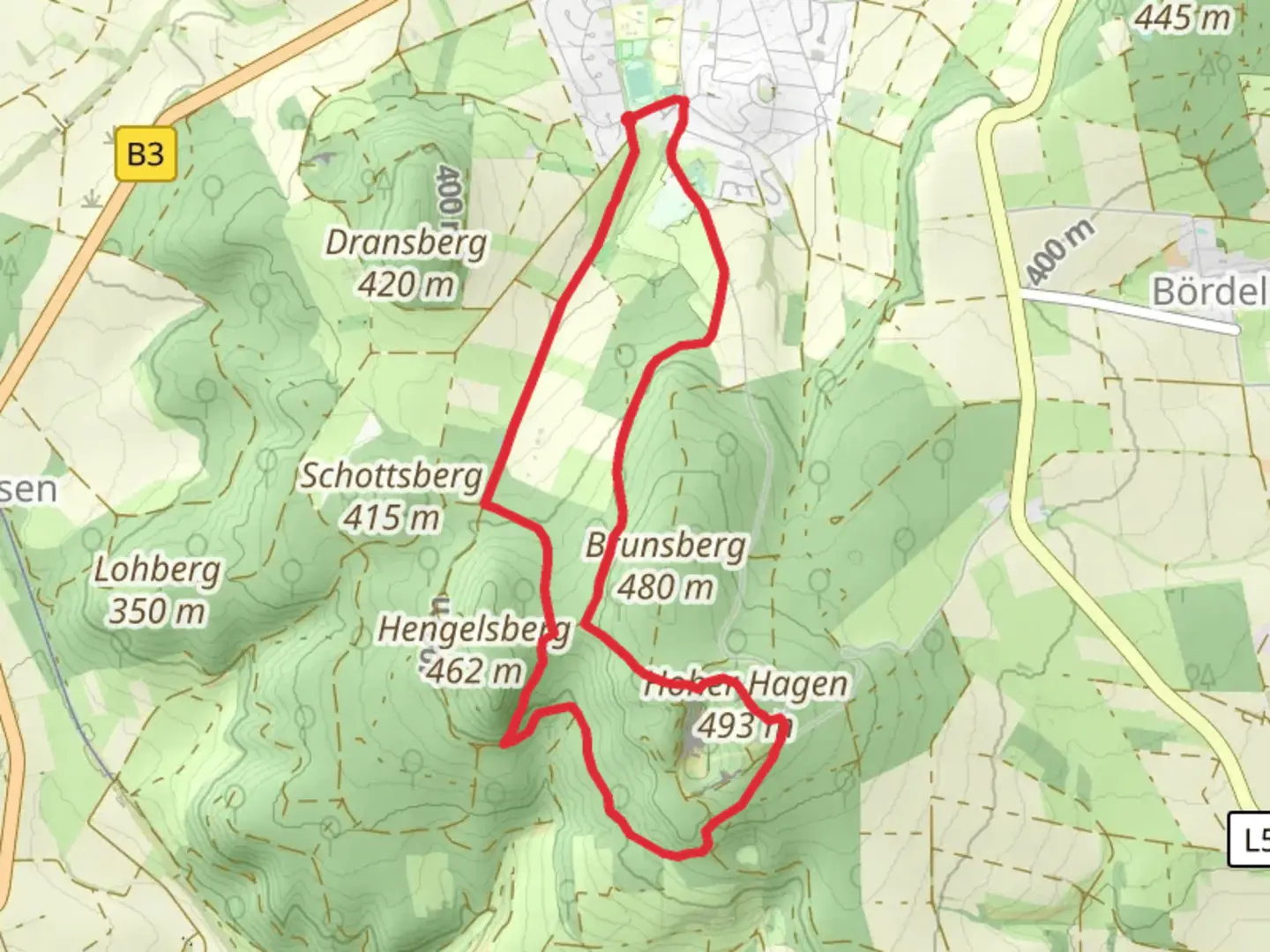 An image depicting the trail Hoher Hagen and Hengelsberg Loop and its surrounding area.