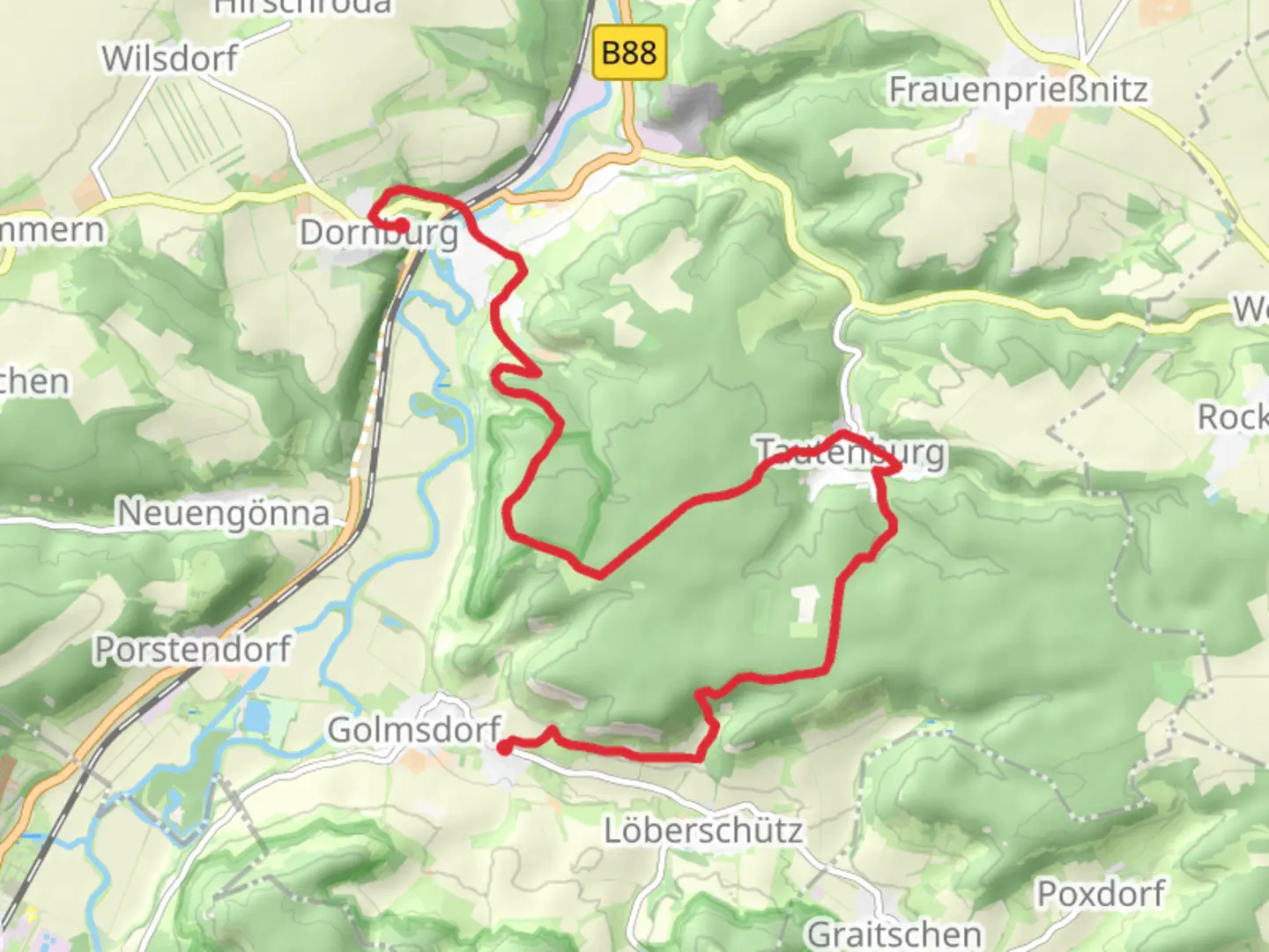 An image depicting the trail Beutnitz to Dornburg via Touringen Stempelstelle and Sophiemterrassen and its surrounding area.
