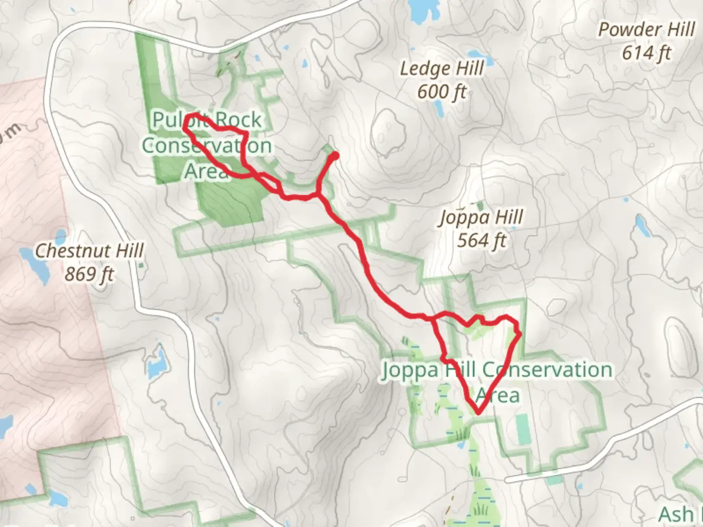 An image depicting the trail Pulpit Rock Conservation Area and Joppa Hill Farms Loop Trail and its surrounding area.